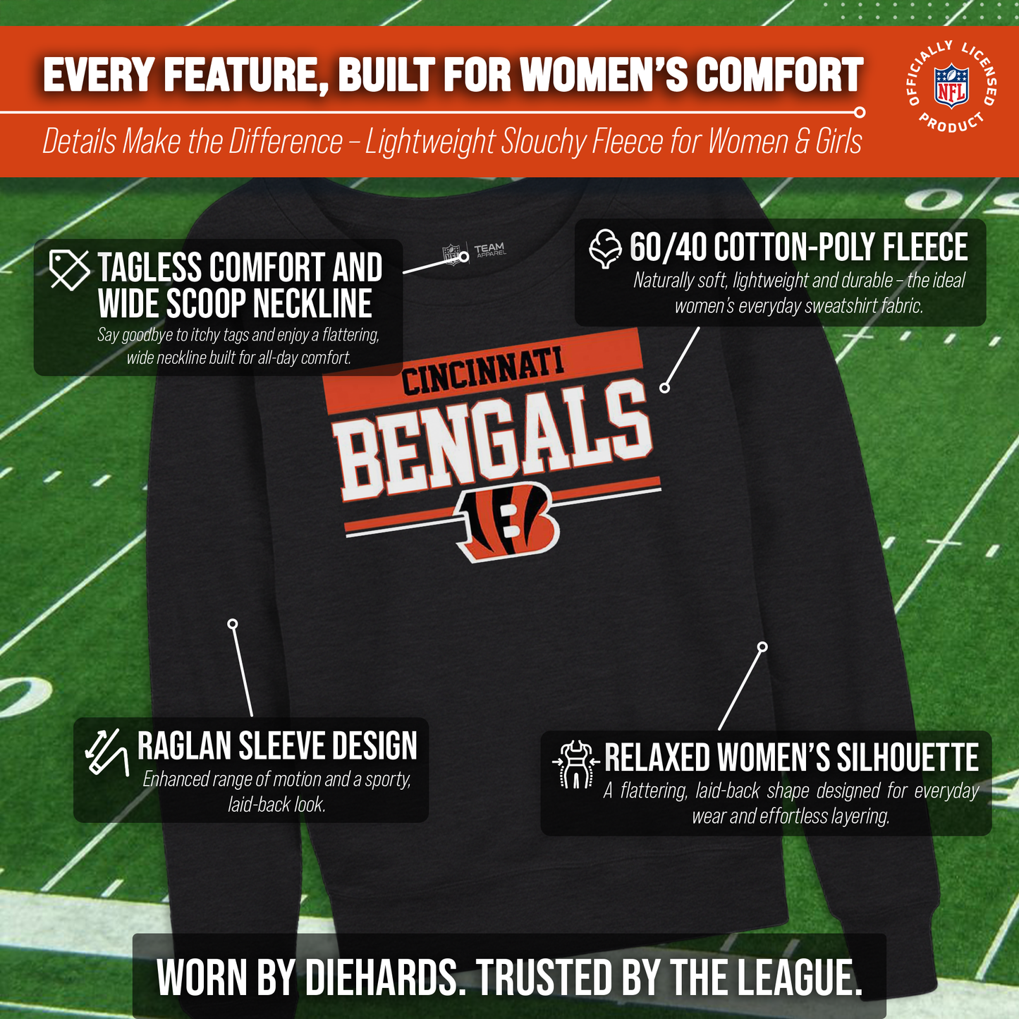 Cincinnati Bengals NFL Womens Team Block French Terry Slouchy Top - Charcoal