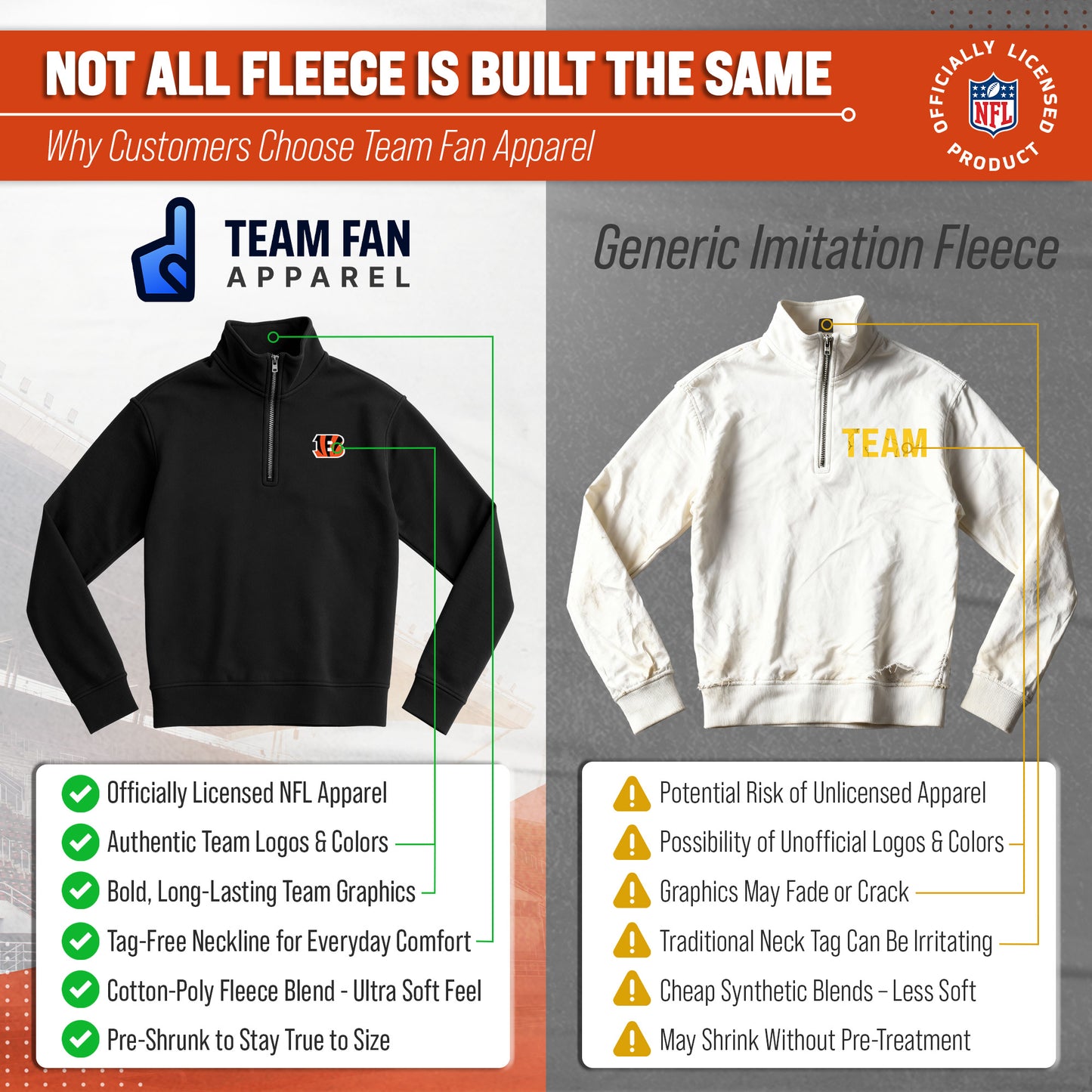 Cincinnati Bengals NFL Adult Unisex Team Logo Quarter Zip Pullover Sweatshirt - Black