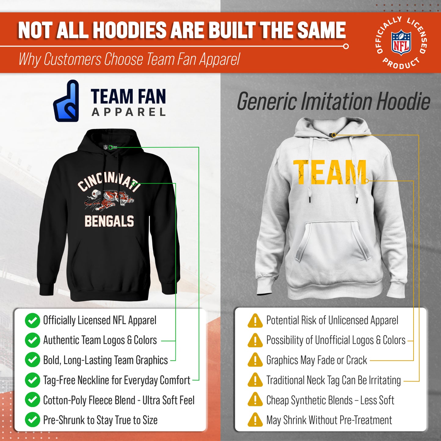 Cincinnati Bengals NFL Adult Unisex Retro Gameday Ultra Soft Fleece Hooded Sweatshirt - Black