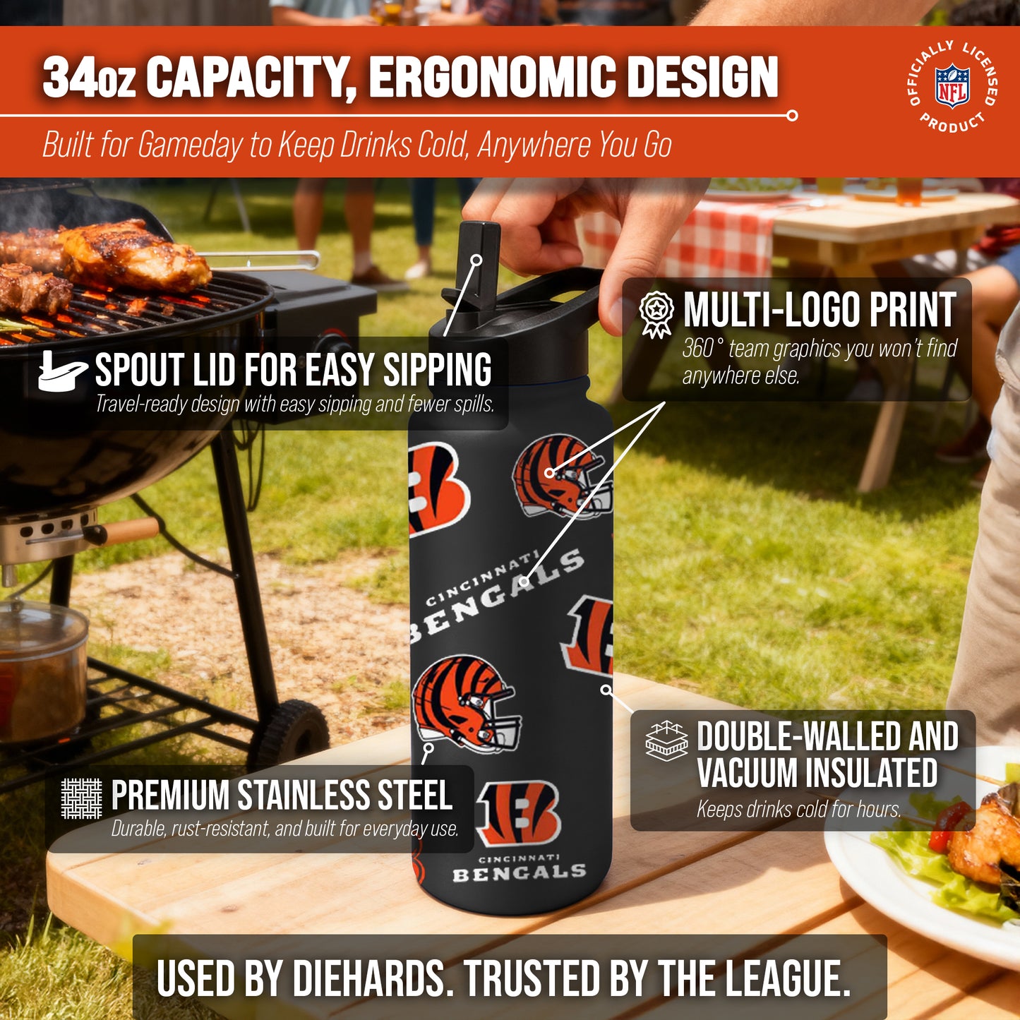 Cincinnati Bengals NFL 34oz Quencher Stainless Steel Insulated Water Bottle - Black