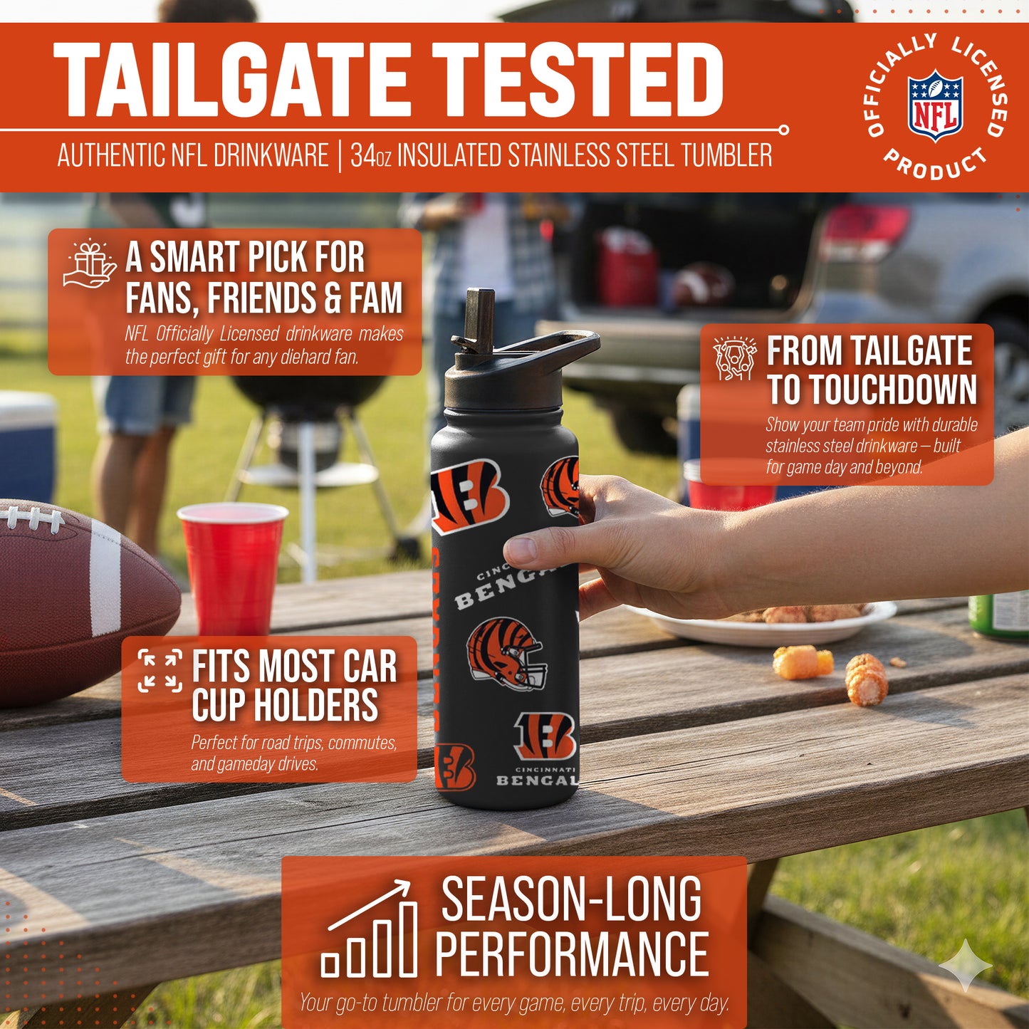 Cincinnati Bengals NFL 34oz Quencher Stainless Steel Insulated Water Bottle - Black
