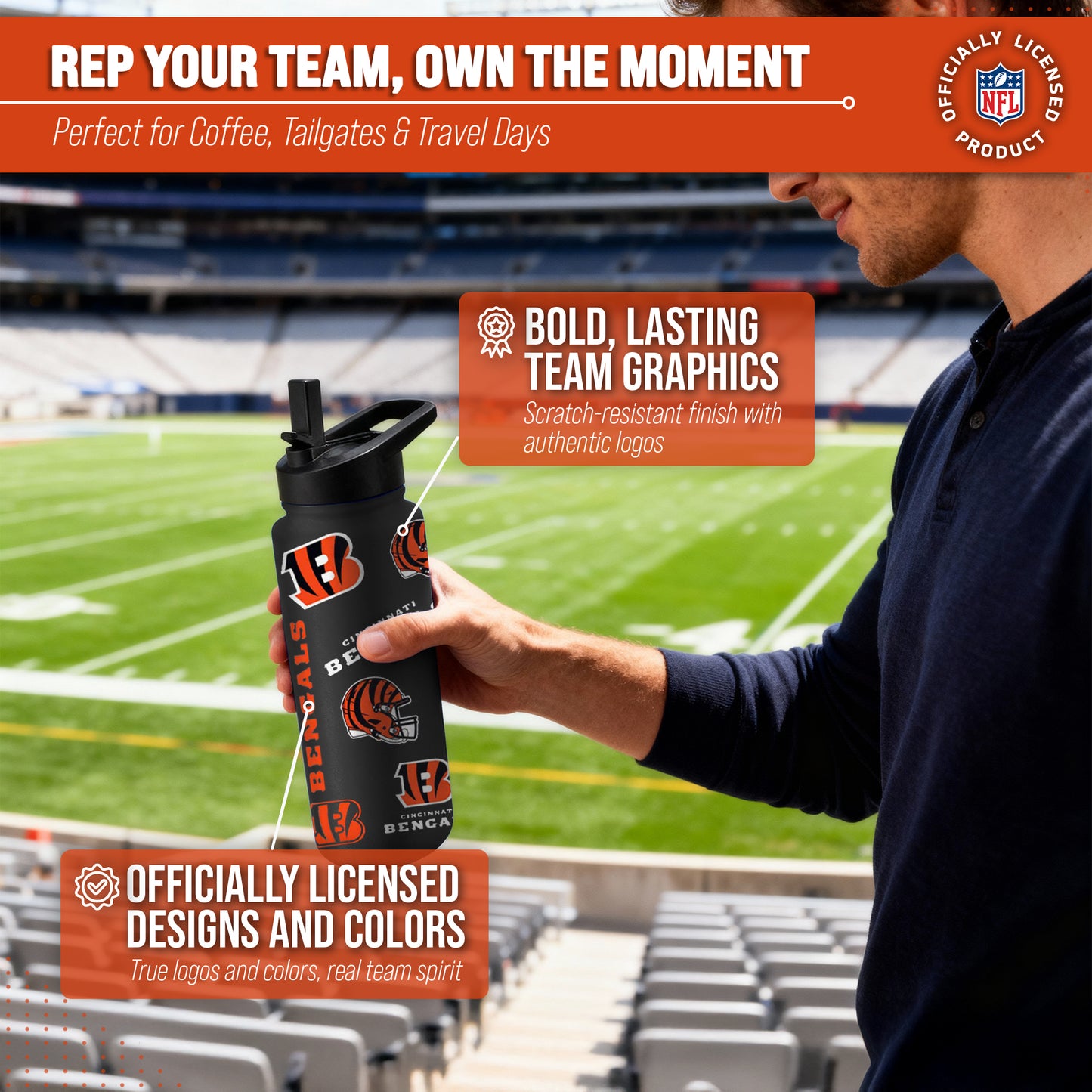 Cincinnati Bengals NFL 34oz Quencher Stainless Steel Insulated Water Bottle - Black