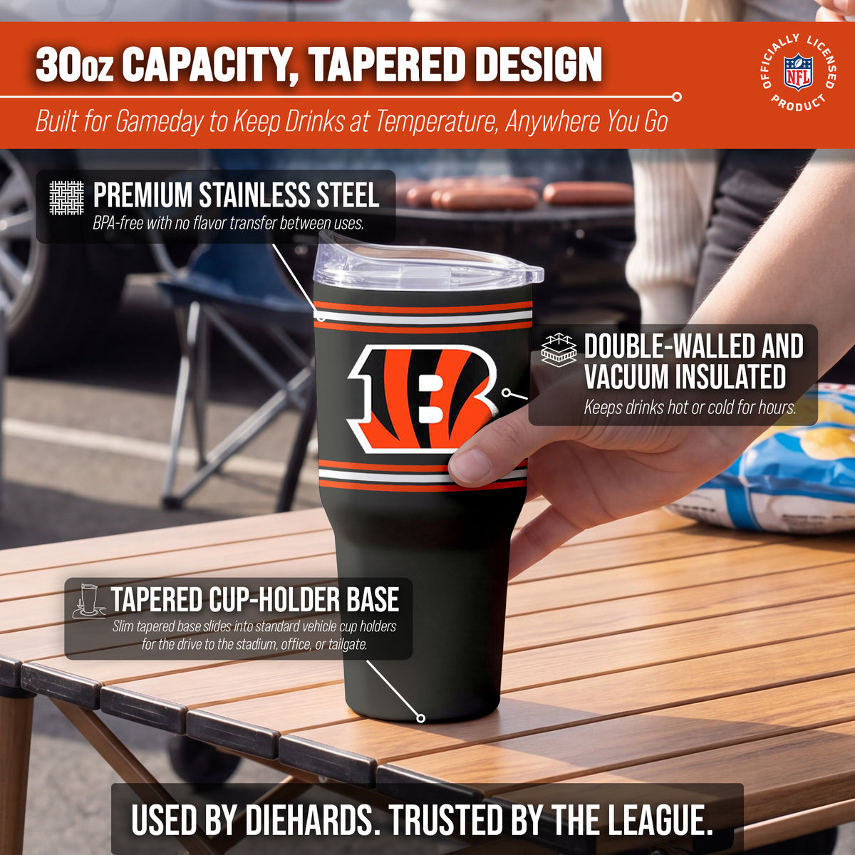 Cincinnati Bengals  30 oz Stripe Powder Coat Tumbler | NFL Stainless - Black