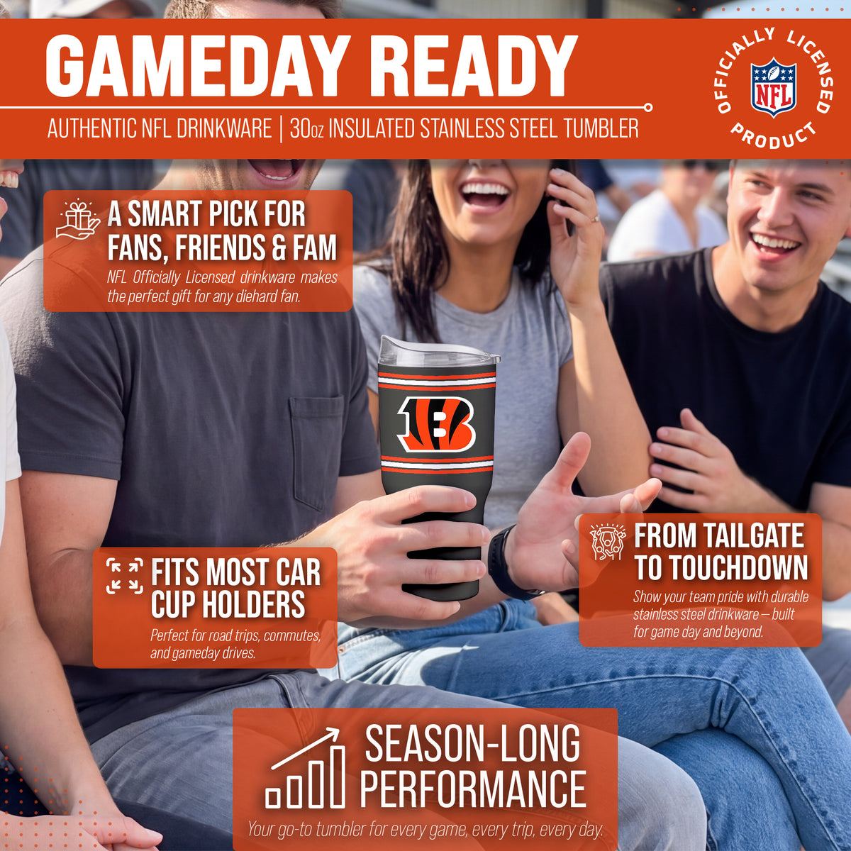 Cincinnati Bengals  30 oz Stripe Powder Coat Tumbler | NFL Stainless - Black