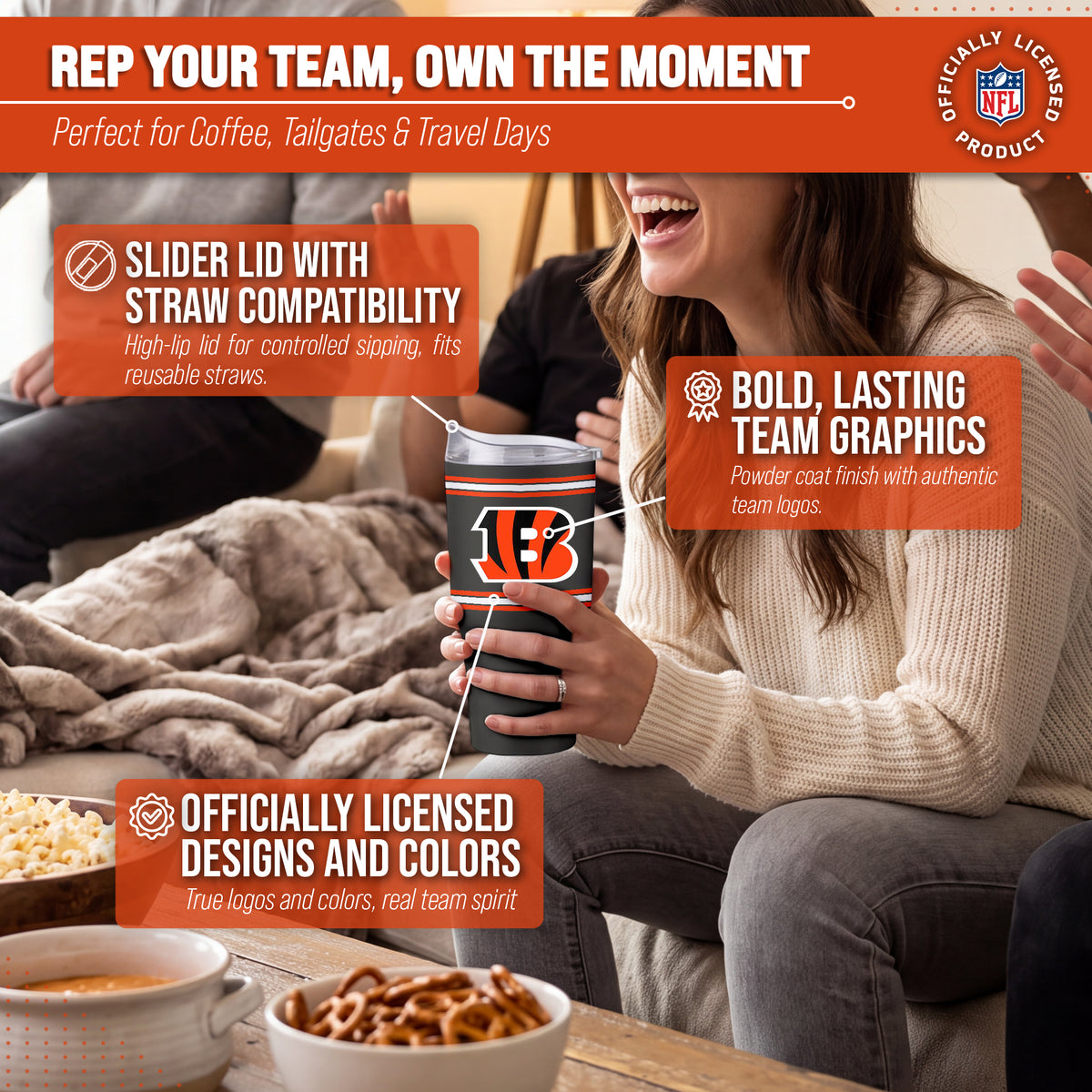 Cincinnati Bengals  30 oz Stripe Powder Coat Tumbler | NFL Stainless - Black