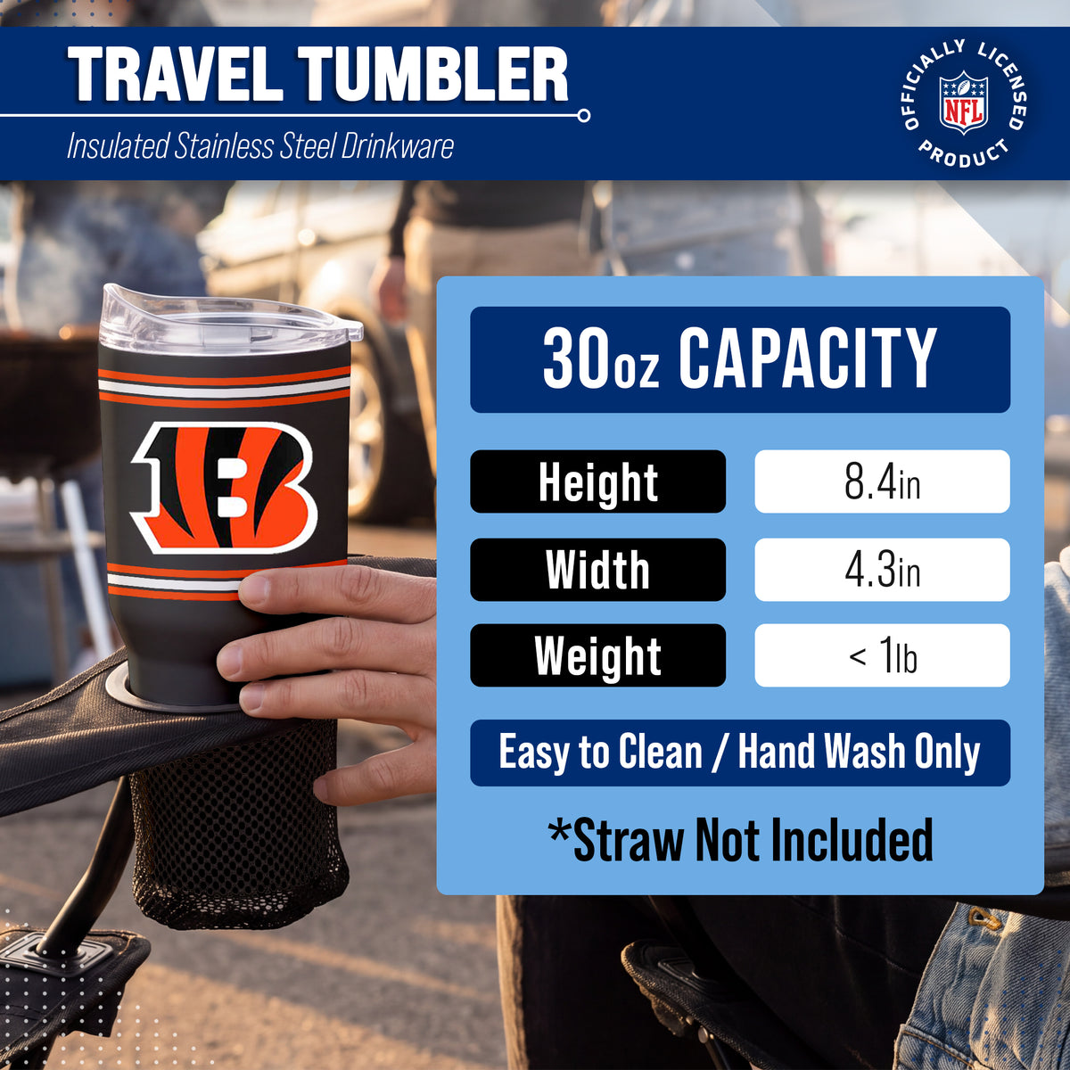 Cincinnati Bengals  30 oz Stripe Powder Coat Tumbler | NFL Stainless - Black