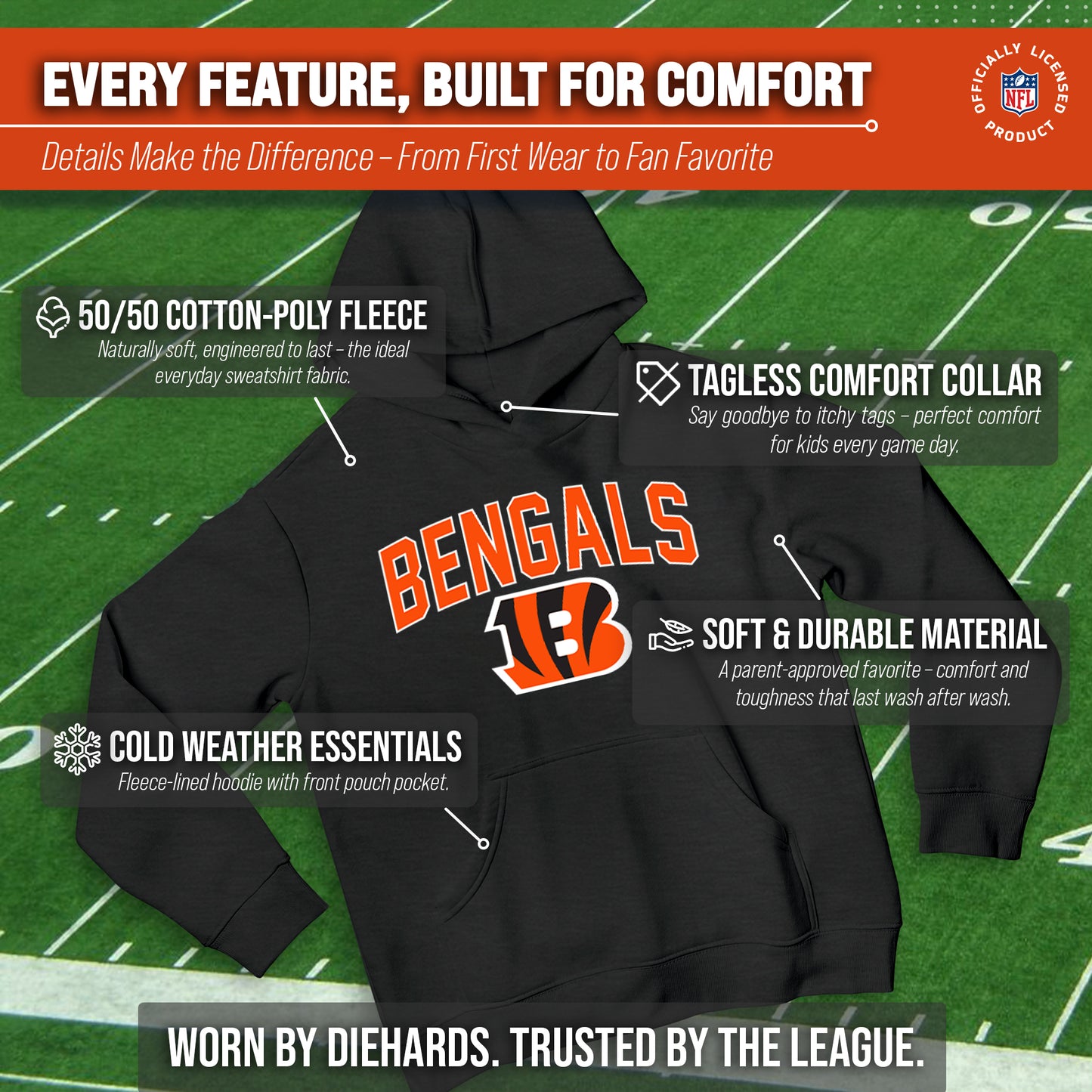 Cincinnati Bengals NFL Youth Home Team Hoodie- Kids Hooded Sweatshirt - Black