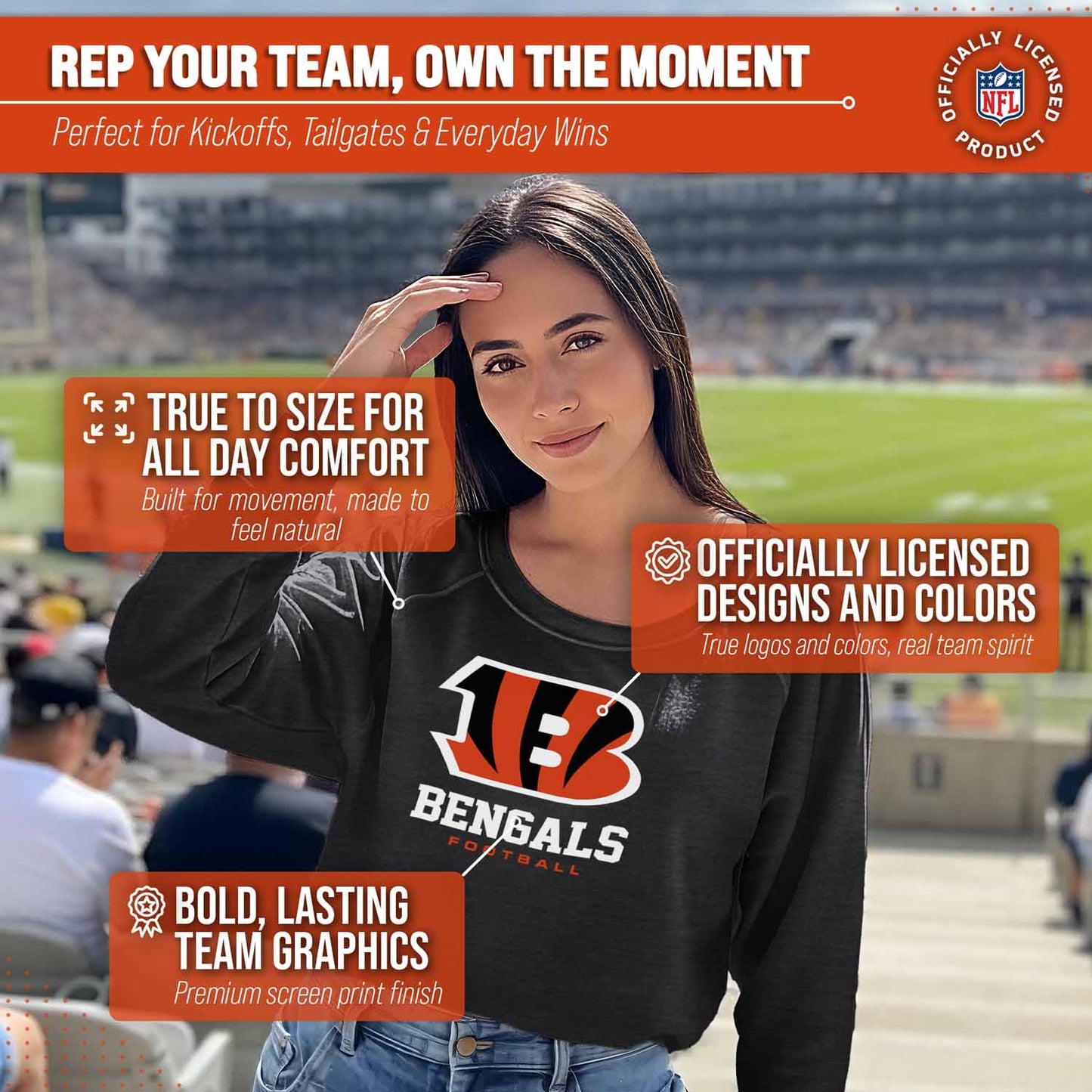 Cincinnati Bengals NFL Womens Ultimate Fan French Terry Slouchy Top- Raglan Sleeves - Charcoal