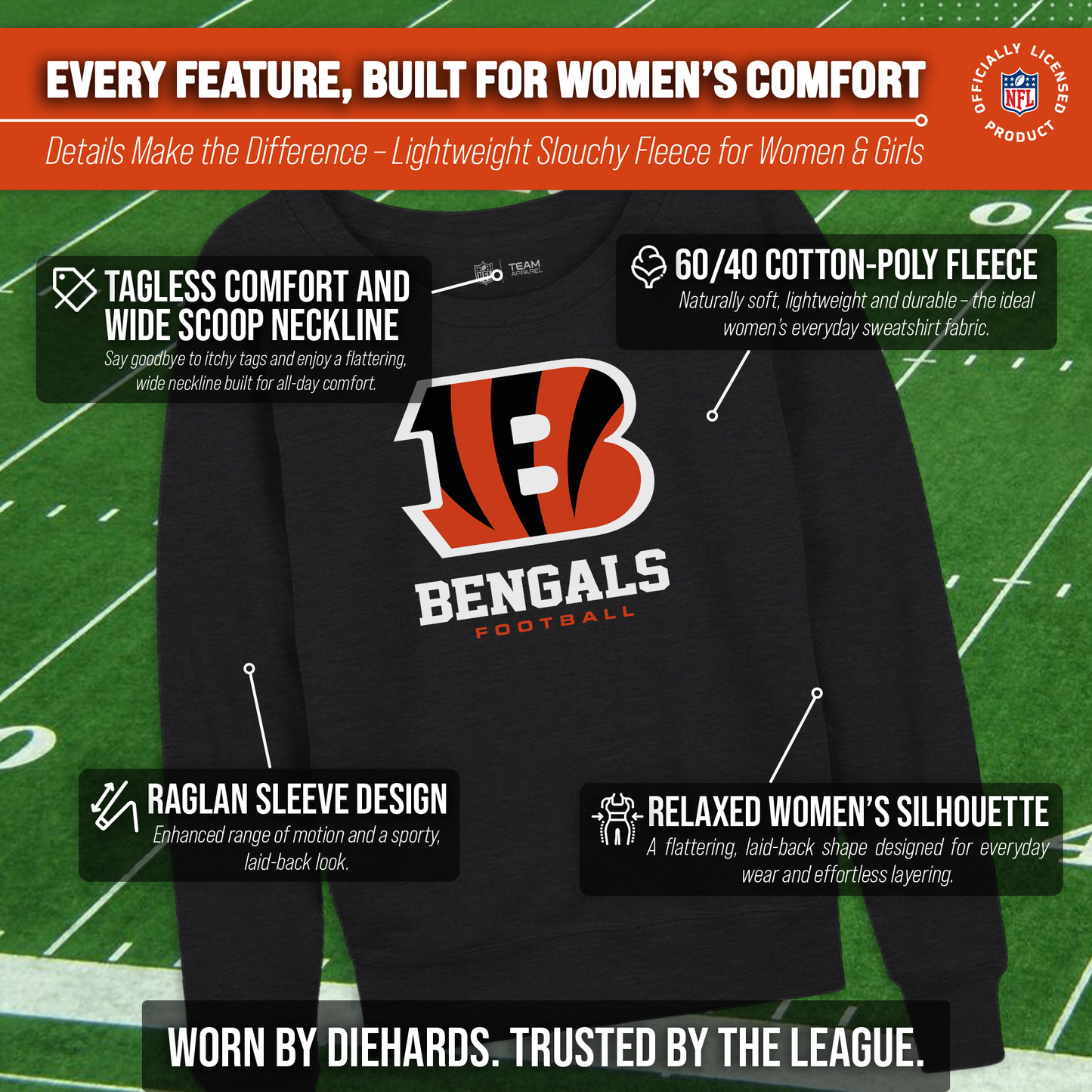 Cincinnati Bengals NFL Womens Ultimate Fan French Terry Slouchy Top- Raglan Sleeves - Charcoal