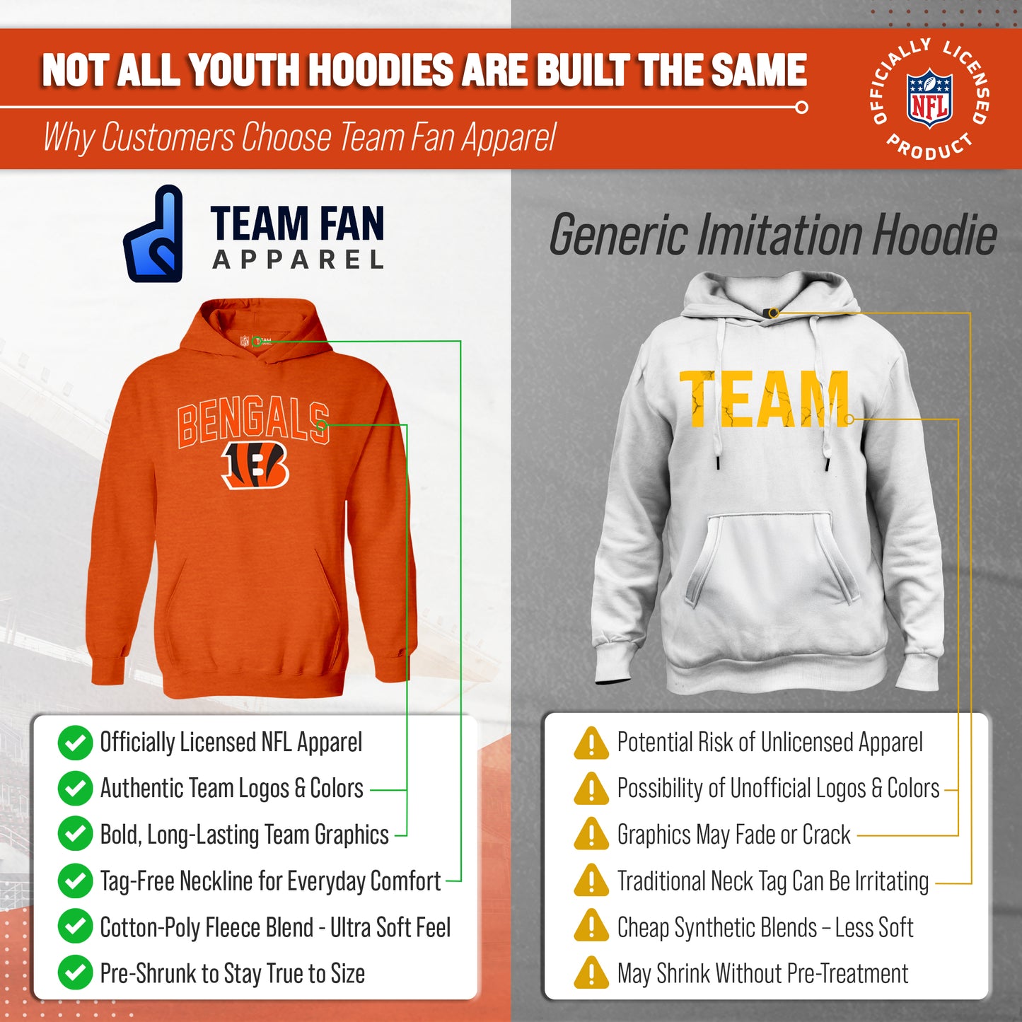 Cincinnati Bengals NFL Youth Home Team Hoodie- Kids Hooded Sweatshirt - Orange