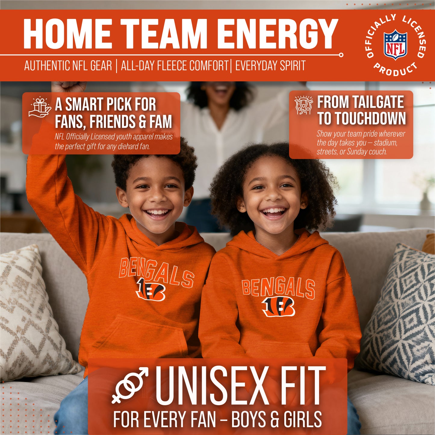 Cincinnati Bengals NFL Youth Home Team Hoodie- Kids Hooded Sweatshirt - Orange