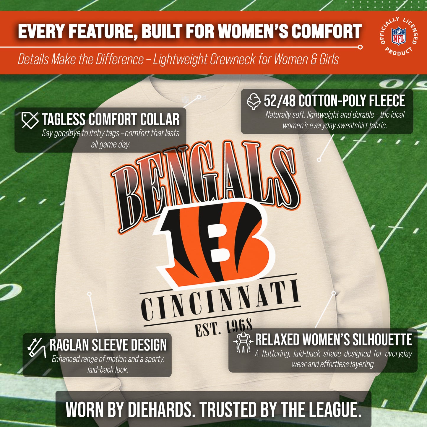 Cincinnati Bengals Womens NFL Starstruck Crewneck Pullover - Cream