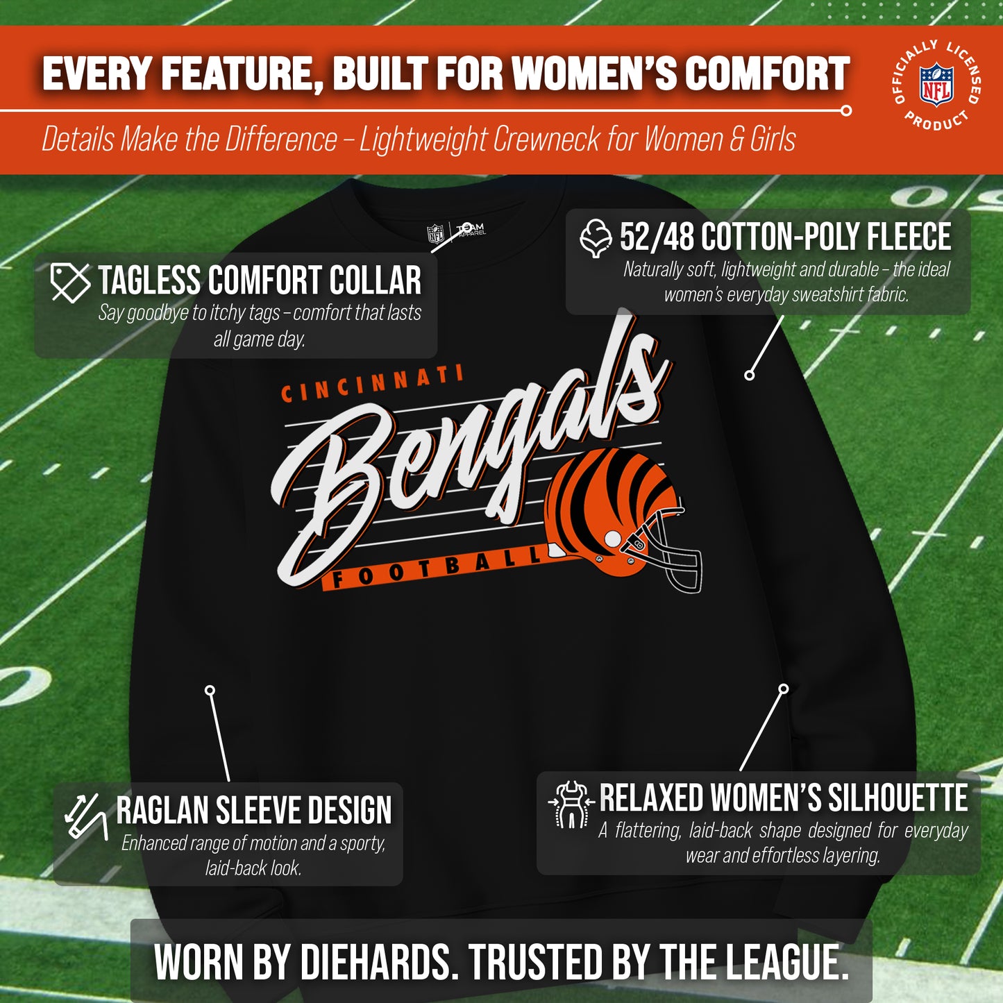 Cincinnati Bengals Womens NFL Scrimmage Line Crewneck Pullover - Black