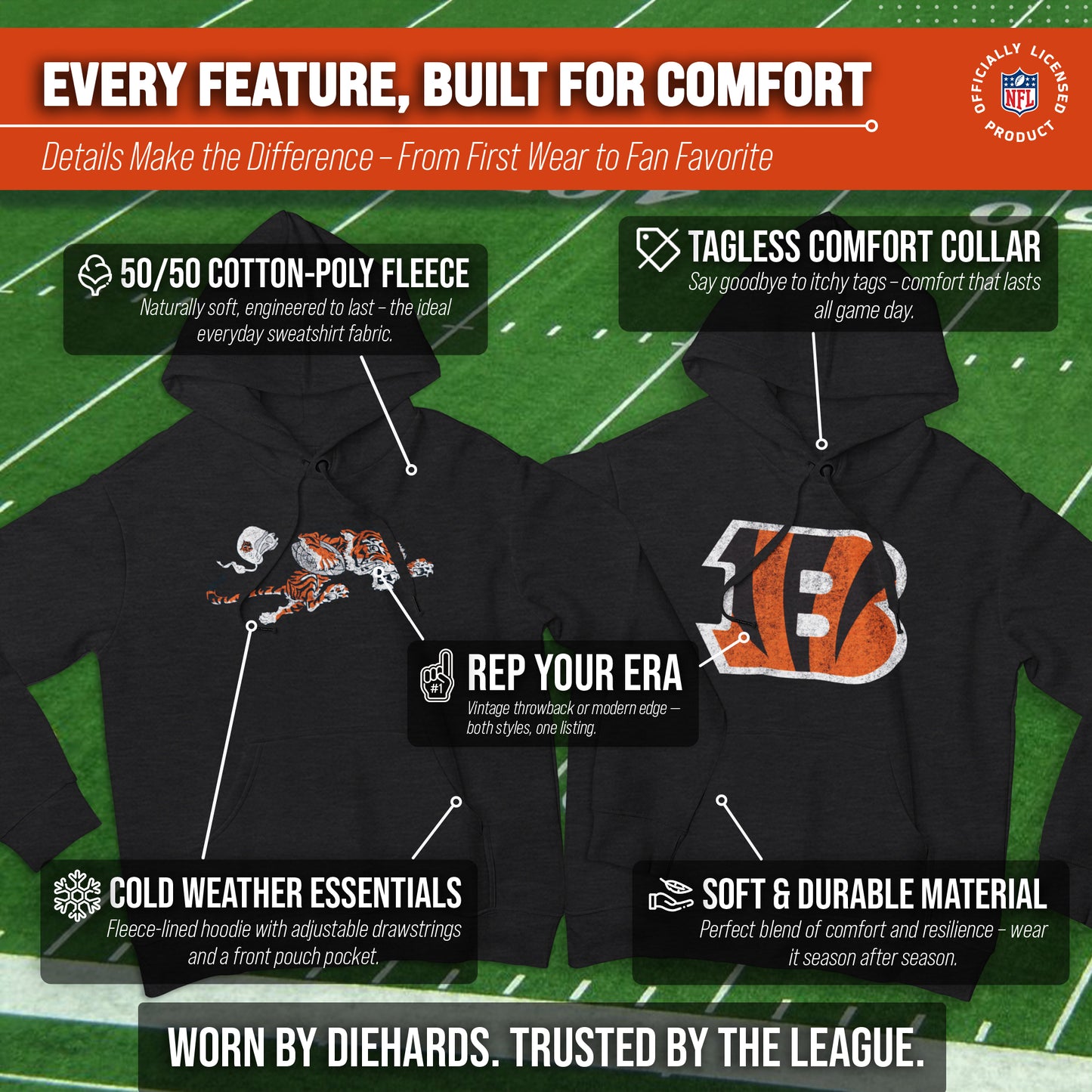 Cincinnati Bengals NFL Adult Unisex Modern Throwback Ultra Soft Fleece Hooded Sweatshirt - Black