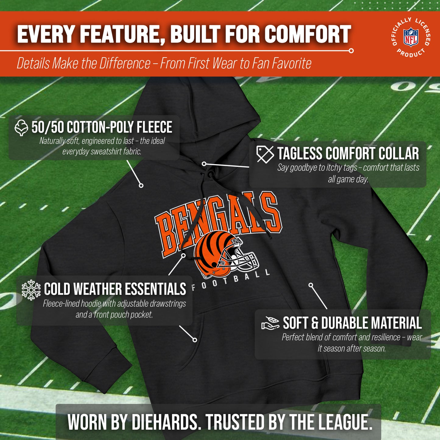 Cincinnati Bengals NFL Adult Unisex All Star Soft Fleece Hooded Sweatshirt - Black Heather