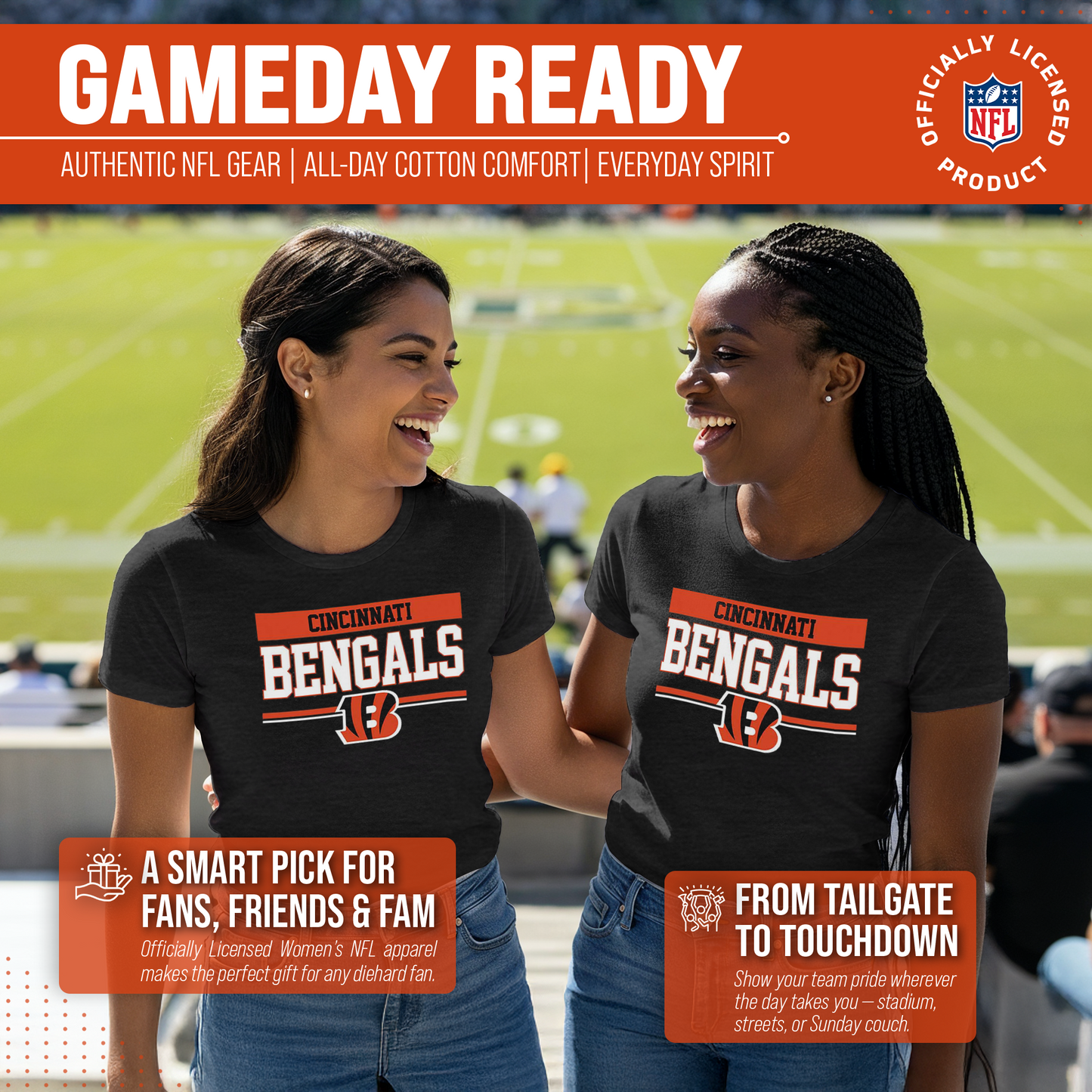 Cincinnati Bengals NFL Women's Team Block Charcoal Tagless T-Shirt - Charcoal