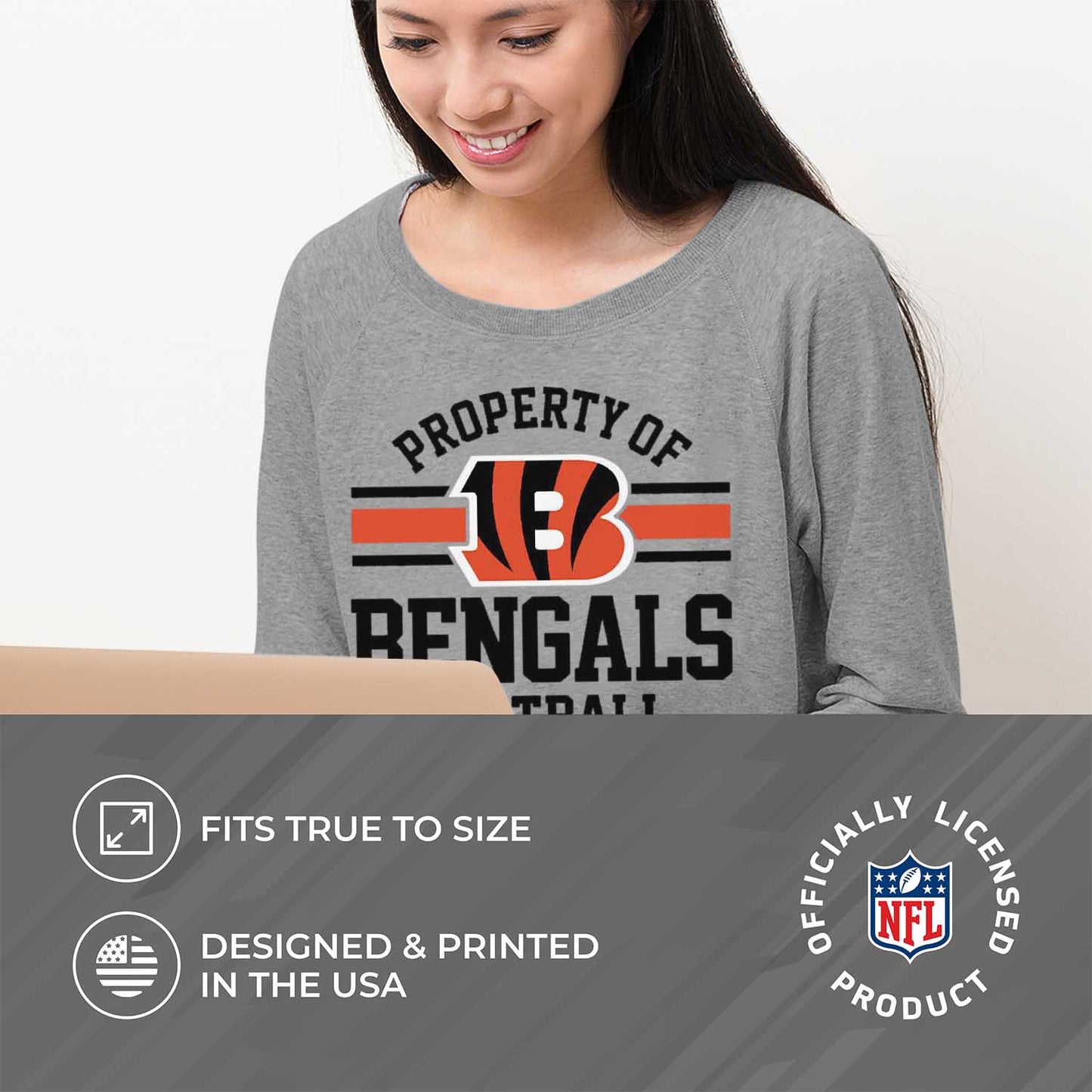 Cincinnati Bengals NFL Womens Plus Size Property of Lightweight Crew Neck - Sport Gray