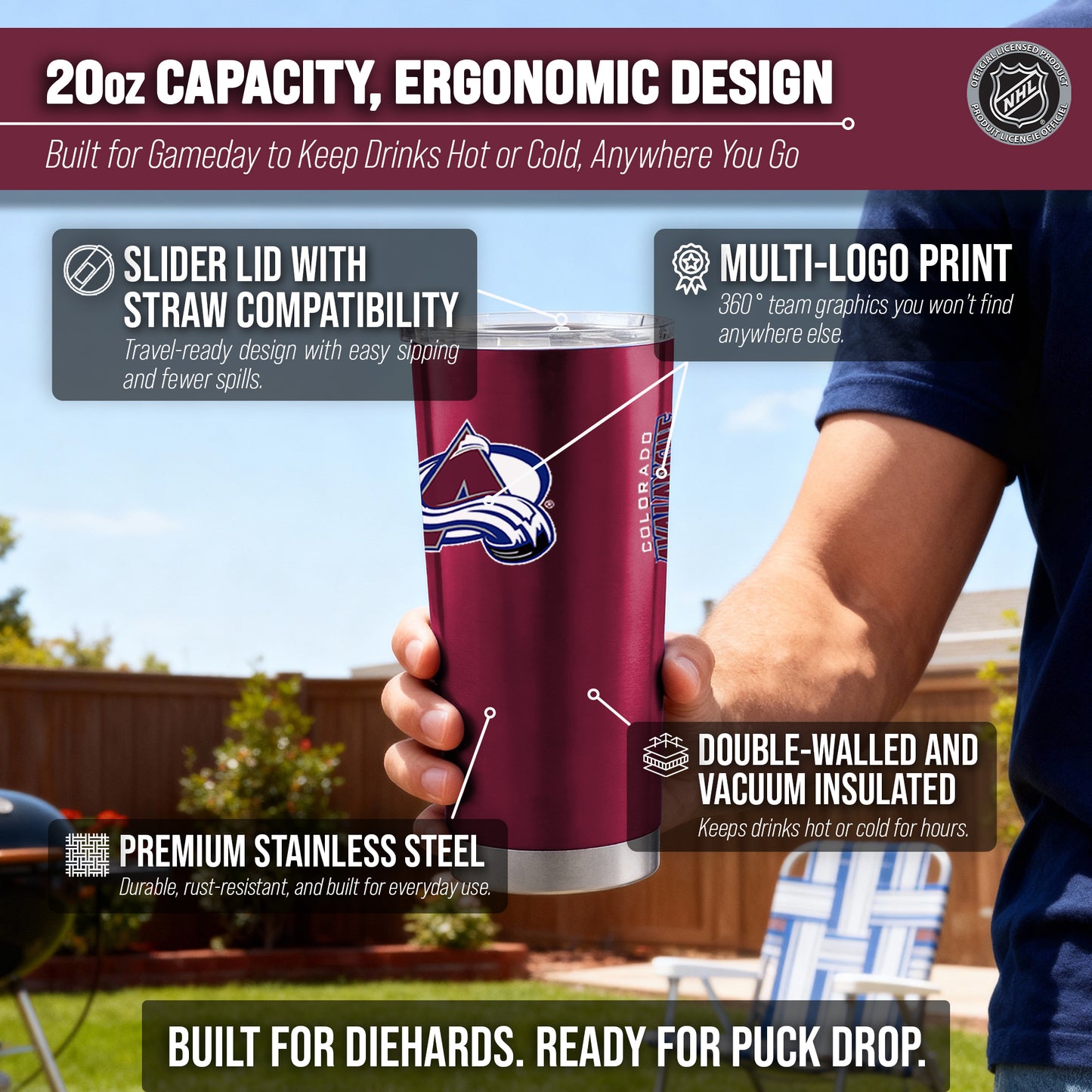 Colorado Avalanche NHL Hockey 20oz Stainless Steel Vacuum Insulated Game Day Tumbler with Silicone Grip - Maroon