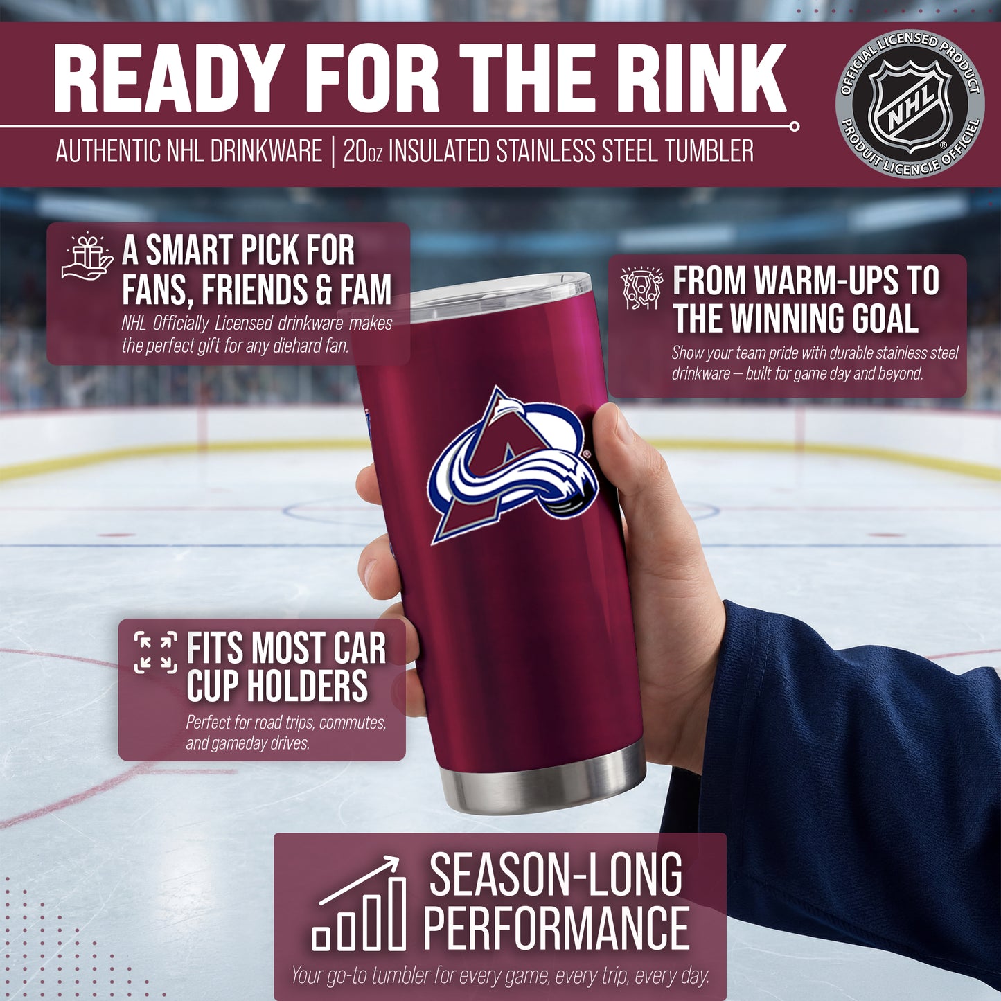 Colorado Avalanche NHL Hockey 20oz Stainless Steel Vacuum Insulated Game Day Tumbler with Silicone Grip - Maroon