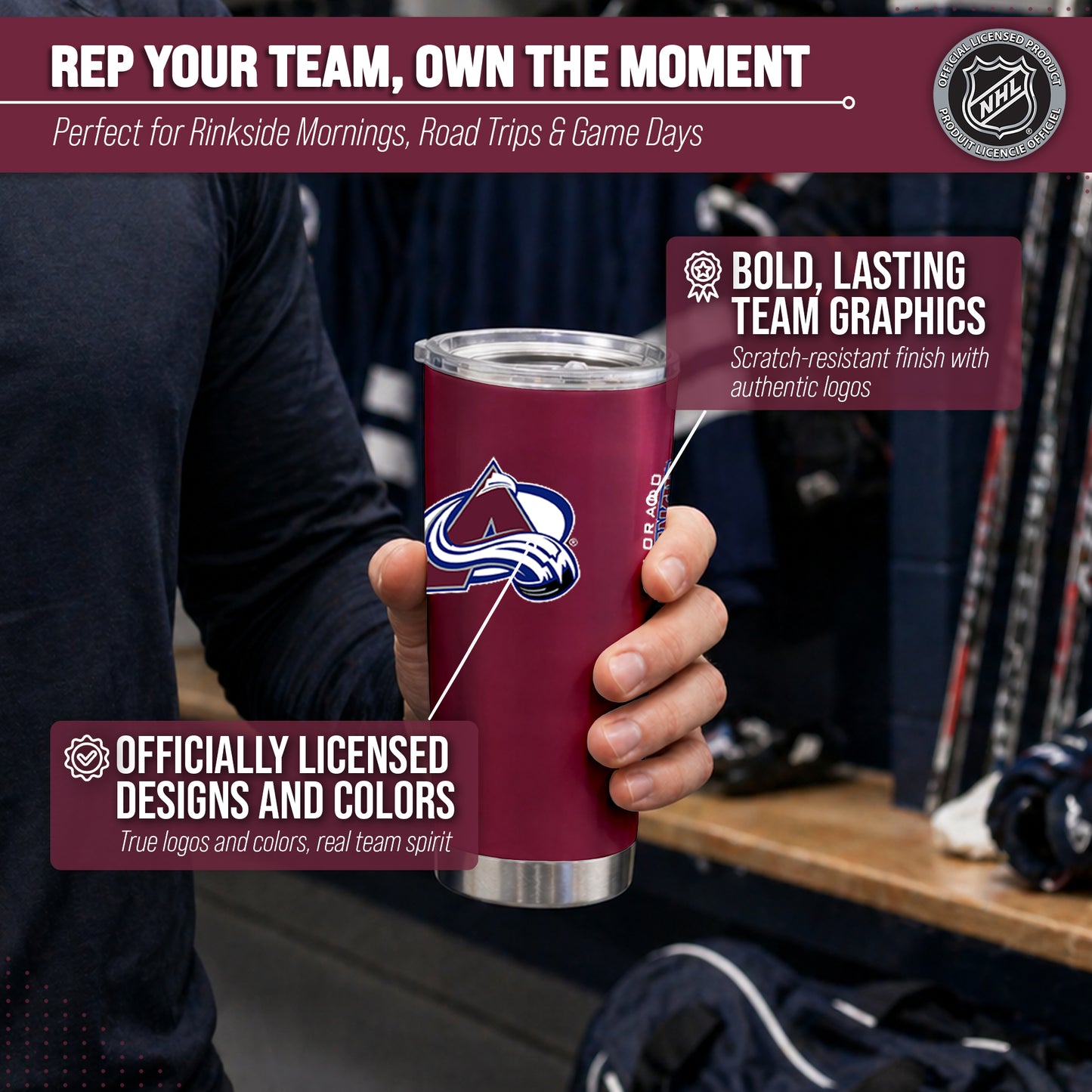 Colorado Avalanche NHL Hockey 20oz Stainless Steel Vacuum Insulated Game Day Tumbler with Silicone Grip - Maroon