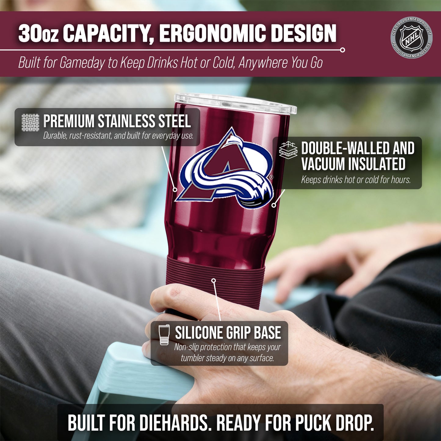 Colorado Avalanche NHL Hockey 30oz Stainless Steel Vacuum Insulated Game Day Tumbler with Silicone Grip - Maroon