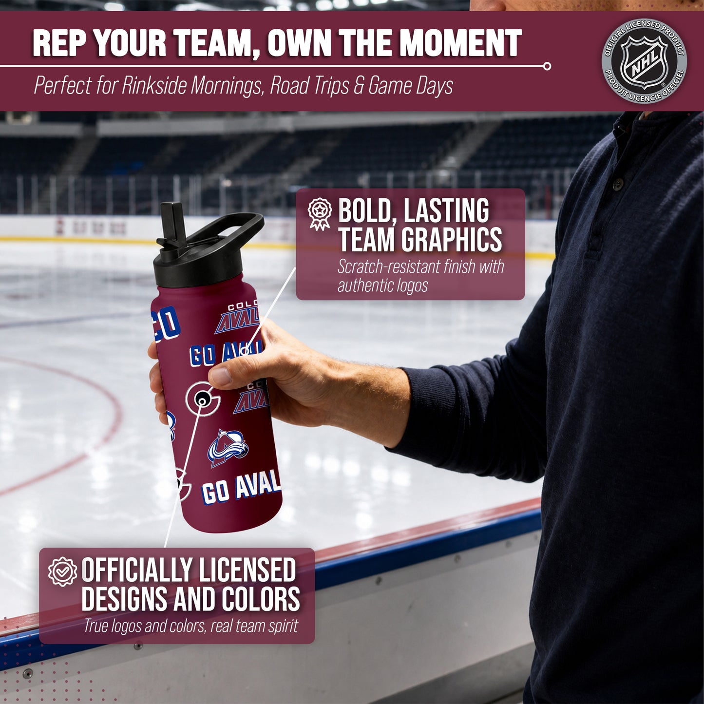 Colorado Avalanche NHL Hockey 34oz Stainless Steel Vacuum Insulated Game Day Water Bottle with Flip Straw Lid and Handle - Maroon