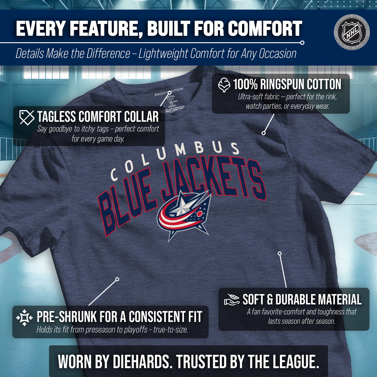 Columbus Blue Jackets NHL Adult Powerplay Heathered Unisex T-Shirt - Navy