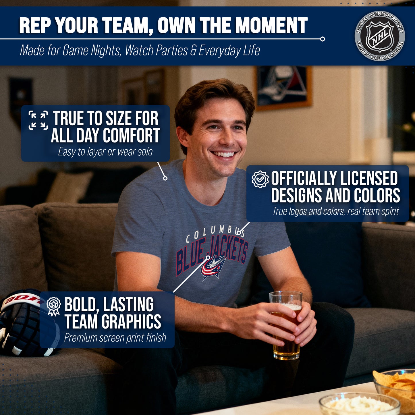 Columbus Blue Jackets NHL Adult Powerplay Heathered Unisex T-Shirt - Navy