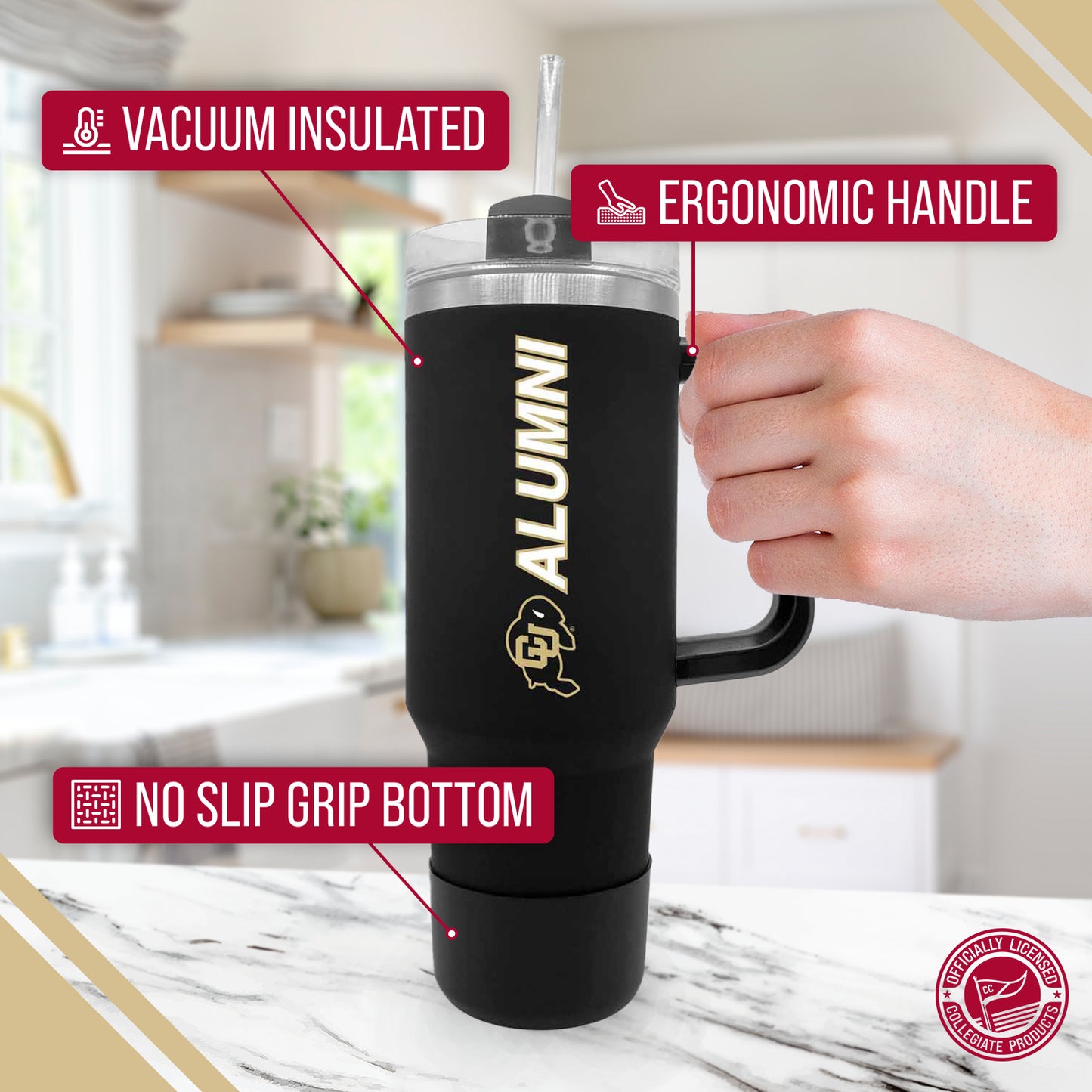 Colorado Buffaloes Collegiate 40oz Stainless Steel Travel Tumbler with Handle for Alumni - Black
