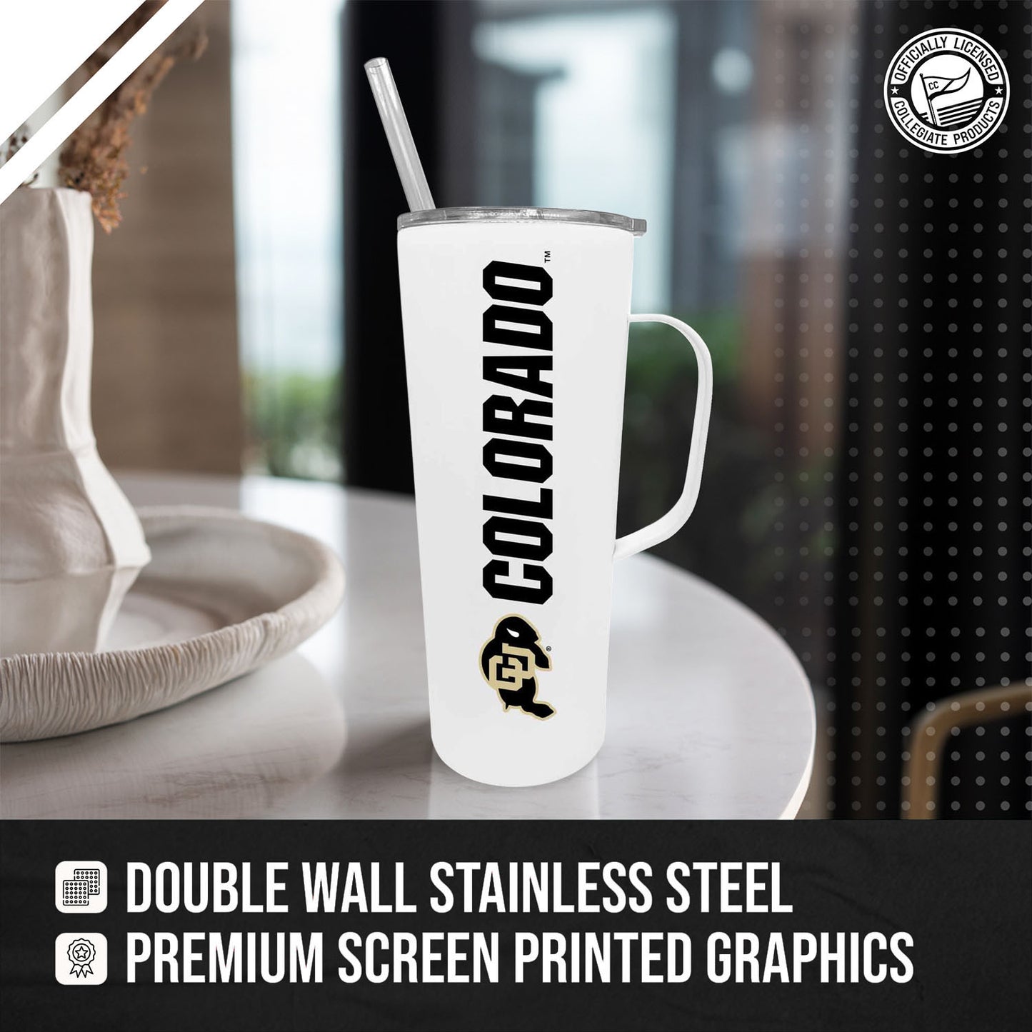 Colorado Buffaloes NCAA Stainless Steel 20oz Roadie With Handle & Dual Option Lid With Straw - White