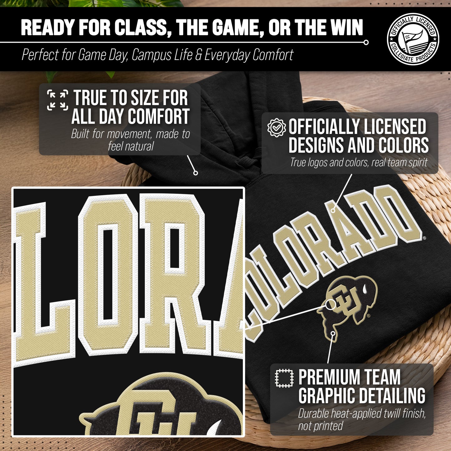 Colorado Buffaloes NCAA Adult Tackle Twill Hooded Sweatshirt - Black