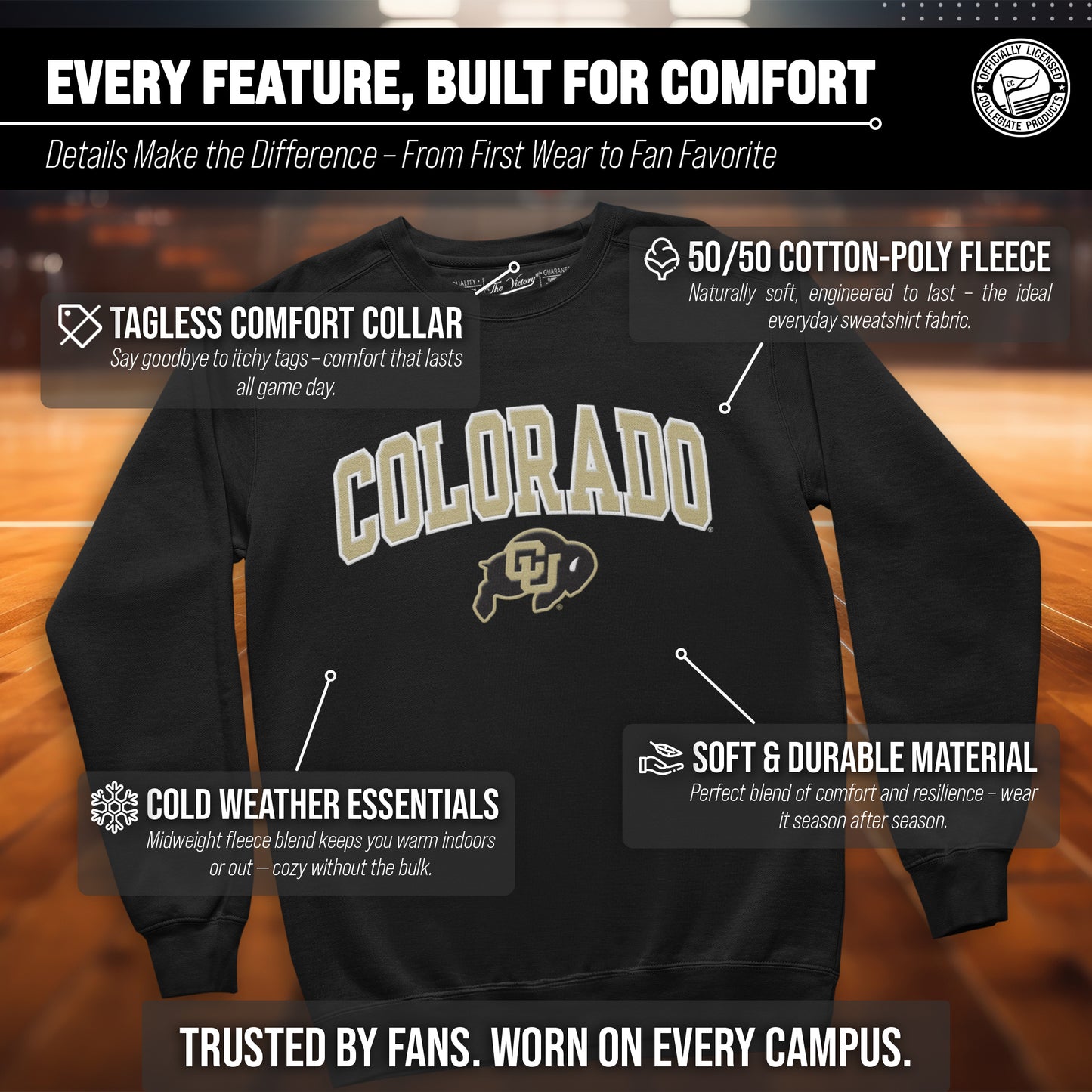 Colorado Buffaloes Adult Tackle Twill Crewneck - Black
