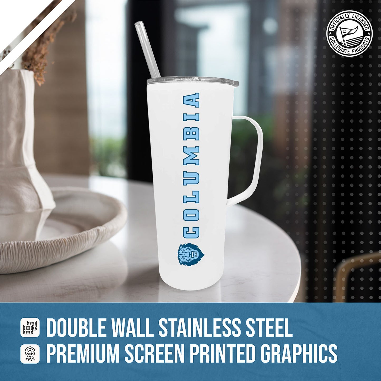 Columbia Lions NCAA Stainless Steel 20oz Roadie With Handle & Dual Option Lid With Straw - White