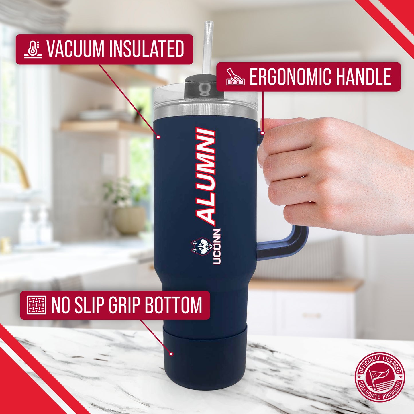 UCONN Huskies Collegiate 40oz Stainless Steel Travel Tumbler with Handle for Alumni - Navy