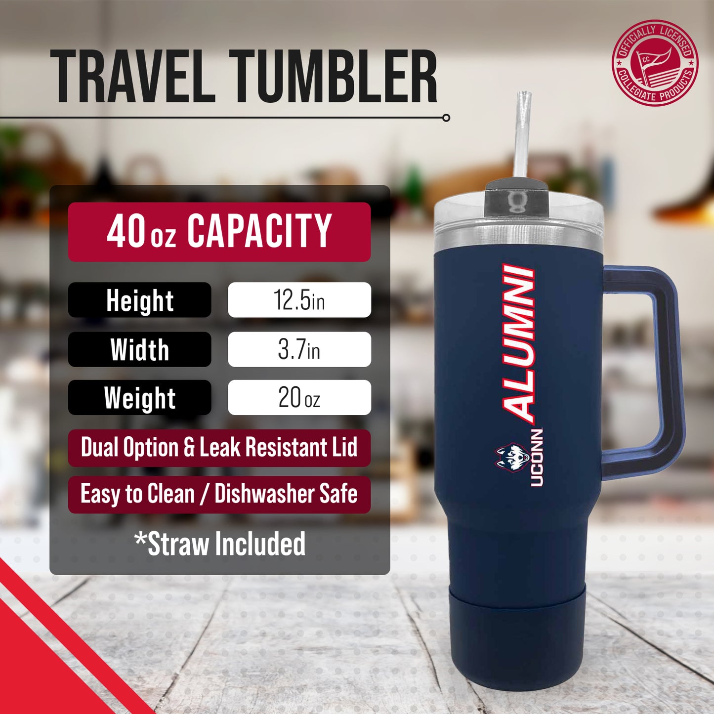 UCONN Huskies Collegiate 40oz Stainless Steel Travel Tumbler with Handle for Alumni - Navy