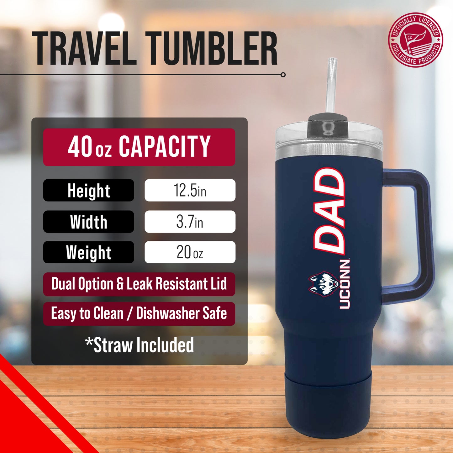 UCONN Huskies Collegiate 40oz Stainless Steel Travel Tumbler with Handle for Dad - Navy