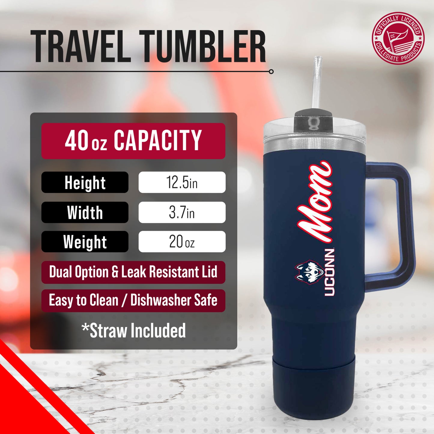 UCONN Huskies Collegiate 40oz Stainless Steel Travel Tumbler with Handle for Mom - Navy