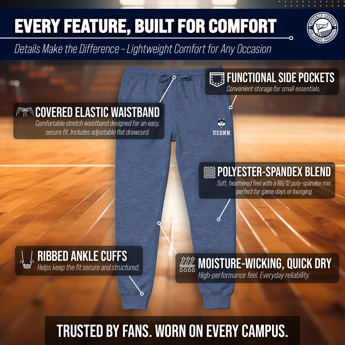 UCONN Huskies NCAA Men’s University Cloud Jersey Performance Jogger Pants with Drawstring Waistband - Navy Heather