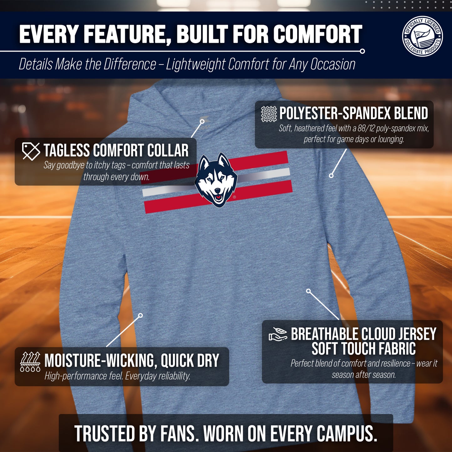 UCONN Huskies NCAA Unisex Scholarship Cloud Jersey Performance Hooded Long Sleeve Tee - Navy Heather