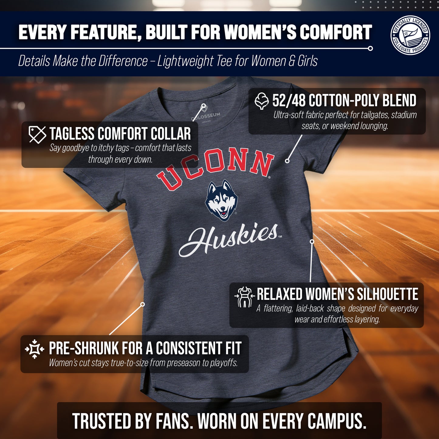 UCONN Huskies  Women's NCAA Tailgate T-Shirt Tag-Free Heathered Tee - Navy Heather