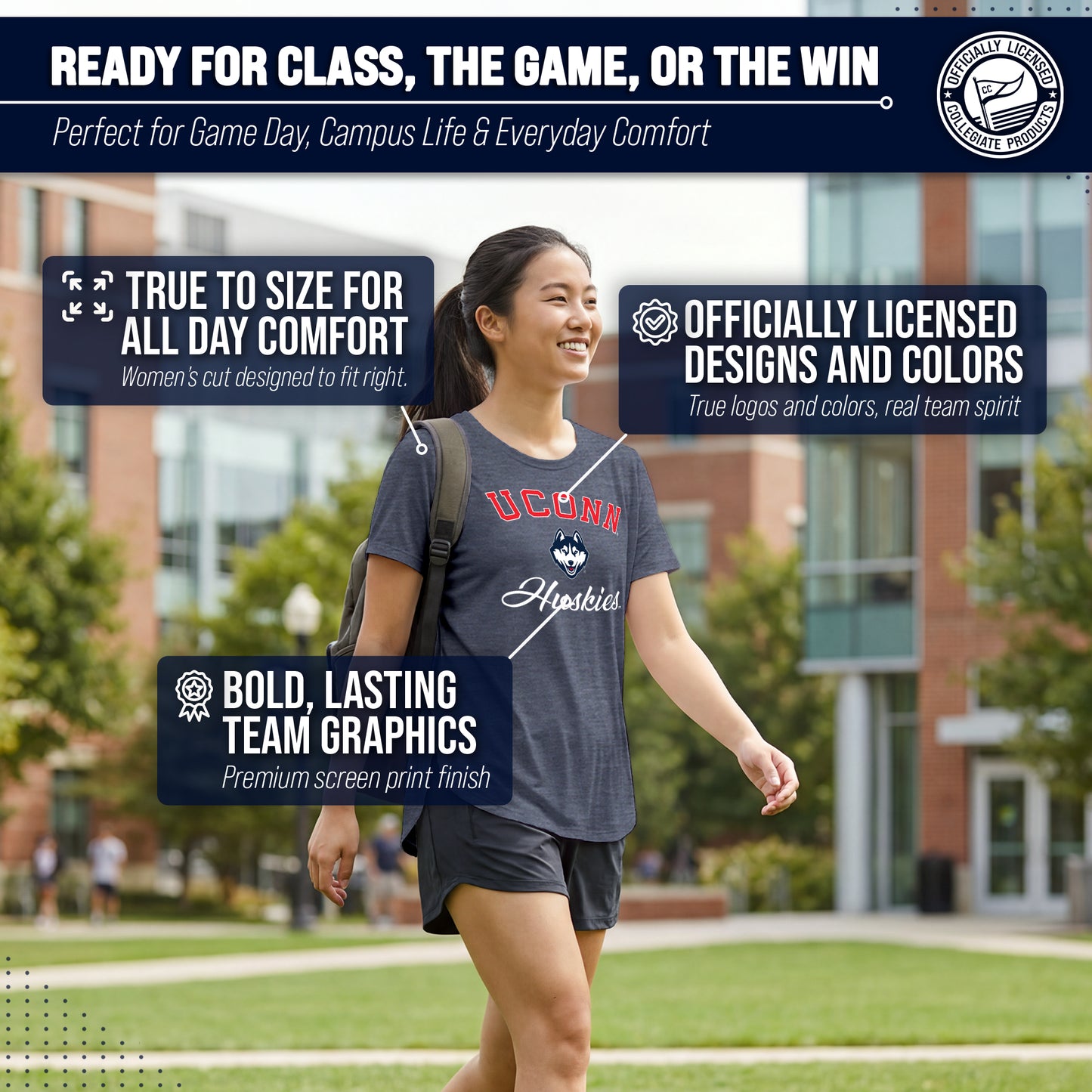 UCONN Huskies  Women's NCAA Tailgate T-Shirt Tag-Free Heathered Tee - Navy Heather