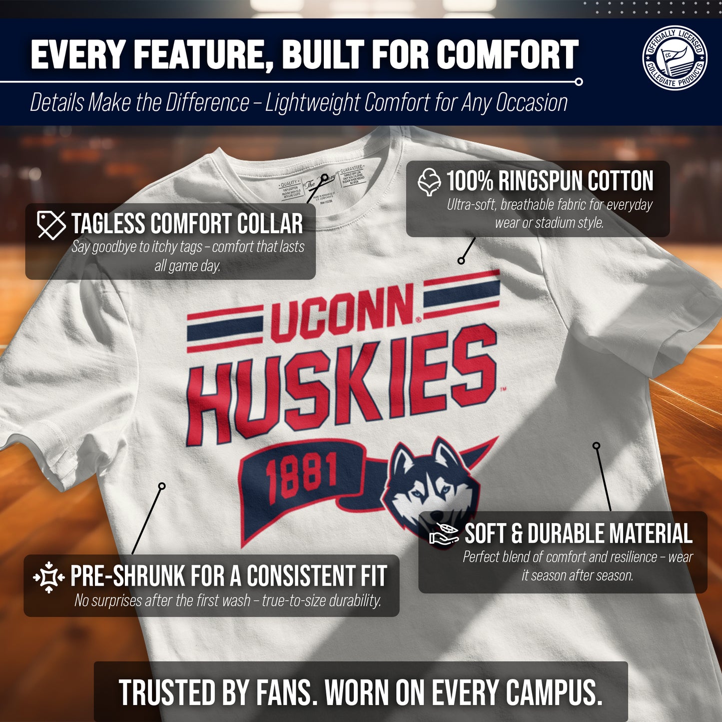 UCONN Huskies NCAA Adult Unisex Varsity Club Pennant T-Shirt Tag-Less - Off White