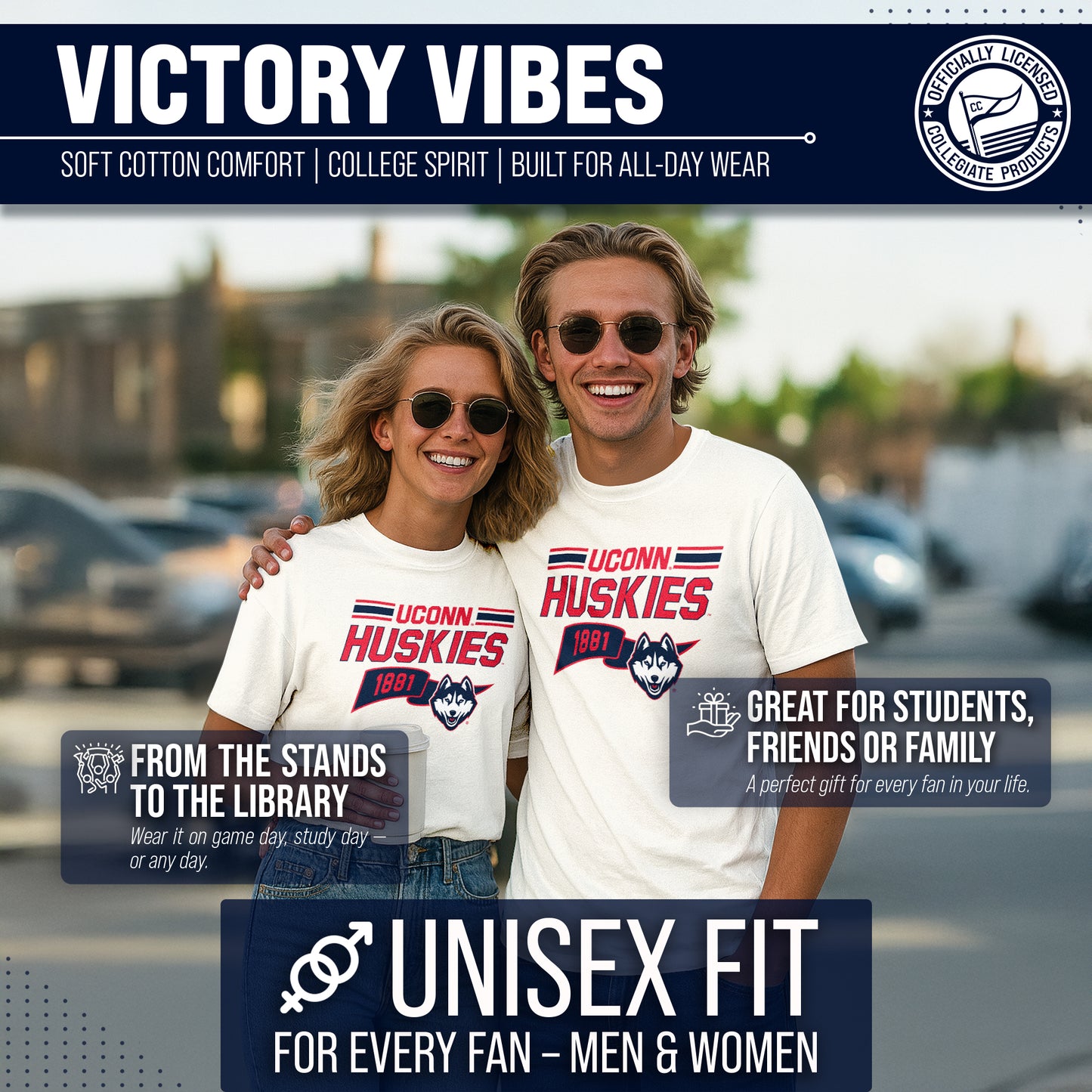 UCONN Huskies NCAA Adult Unisex Varsity Club Pennant T-Shirt Tag-Less - Off White