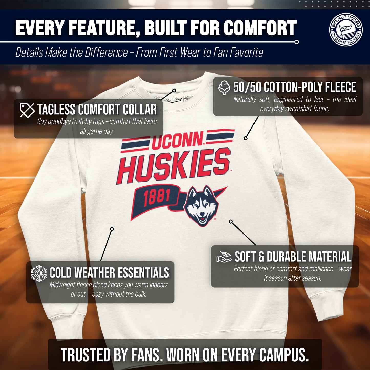 UCONN Huskies NCAA Adult Unisex Varsity Club Pennant Crewneck Fleece Sweatshirt - Off White