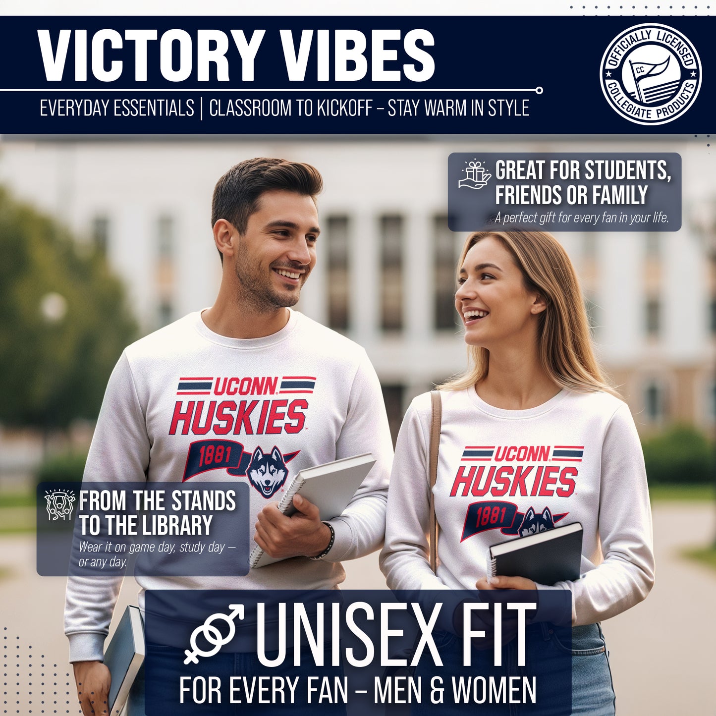 UCONN Huskies NCAA Adult Unisex Varsity Club Pennant Crewneck Fleece Sweatshirt - Off White