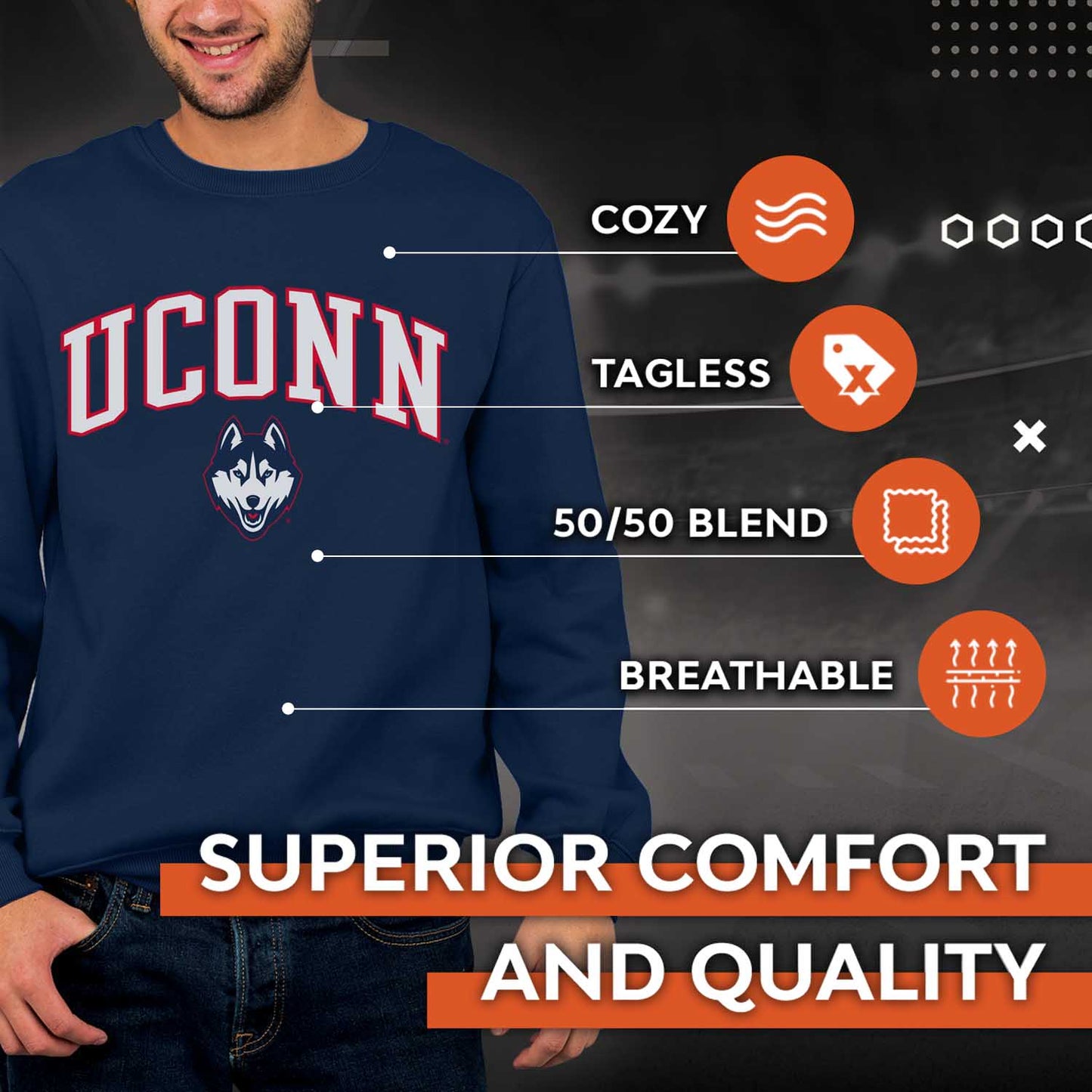 UCONN Huskies NCAA Adult Tackle Twill Crewneck Sweatshirt - Navy