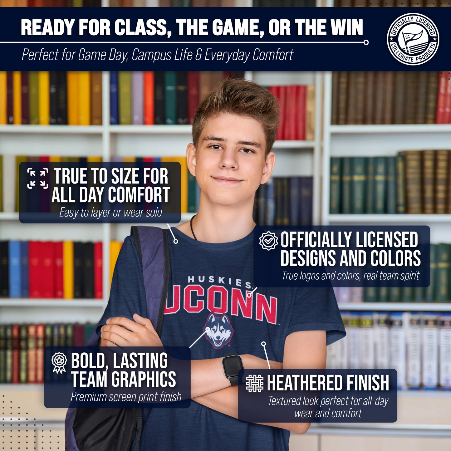 UCONN Huskies NCAA Adult Unisex Starting Fresh T-Shirt - Navy Heather