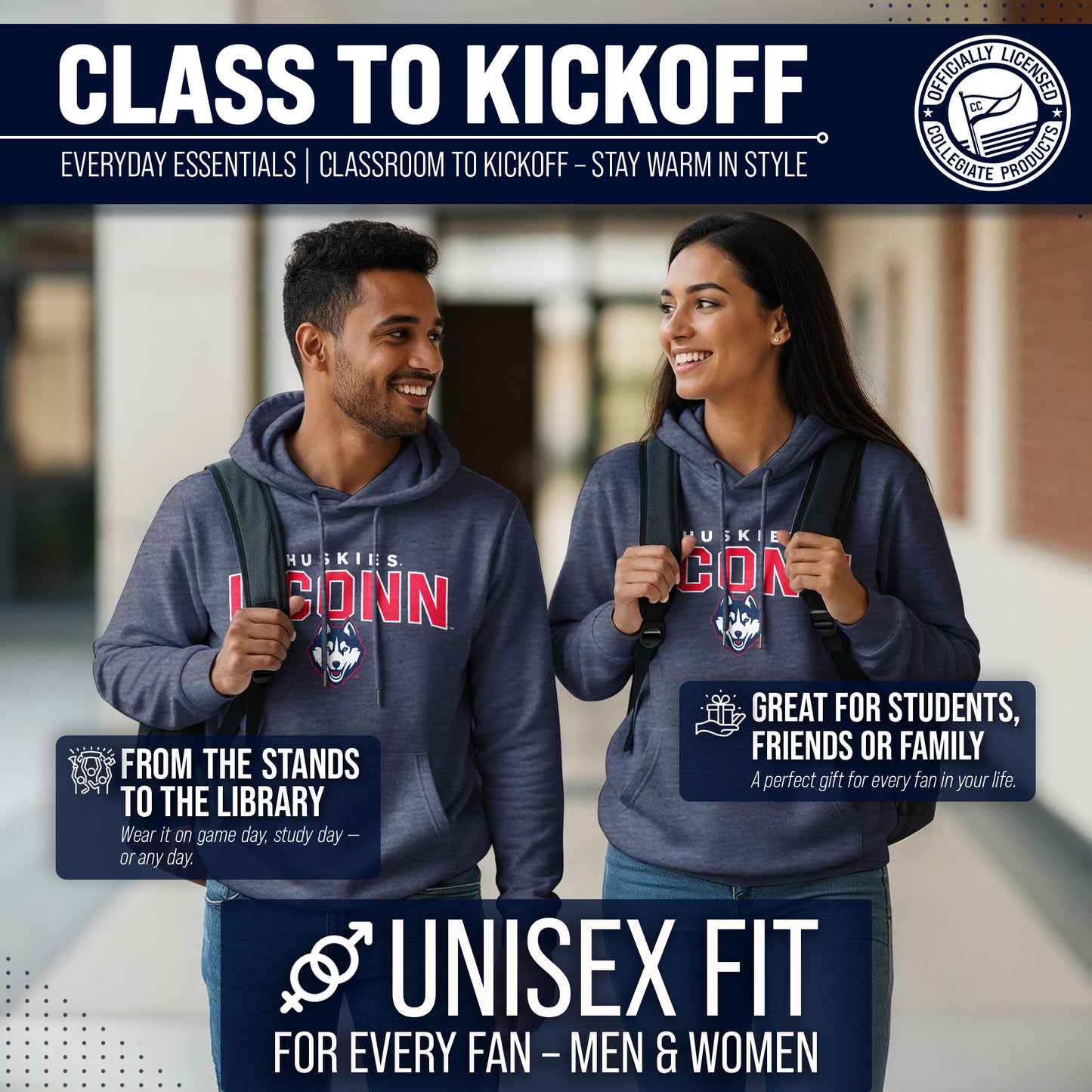 UCONN Huskies NCAA Adult Unisex Starting Fresh Heathered Hooded Fleece Sweatshirt - Navy Heather