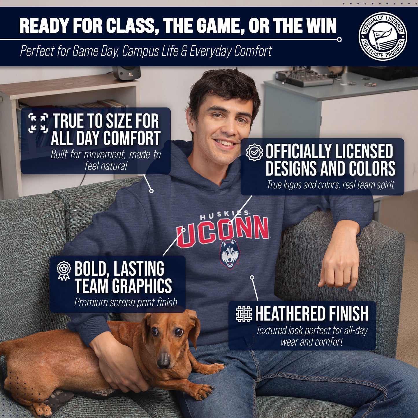 UCONN Huskies NCAA Adult Unisex Starting Fresh Heathered Hooded Fleece Sweatshirt - Navy Heather