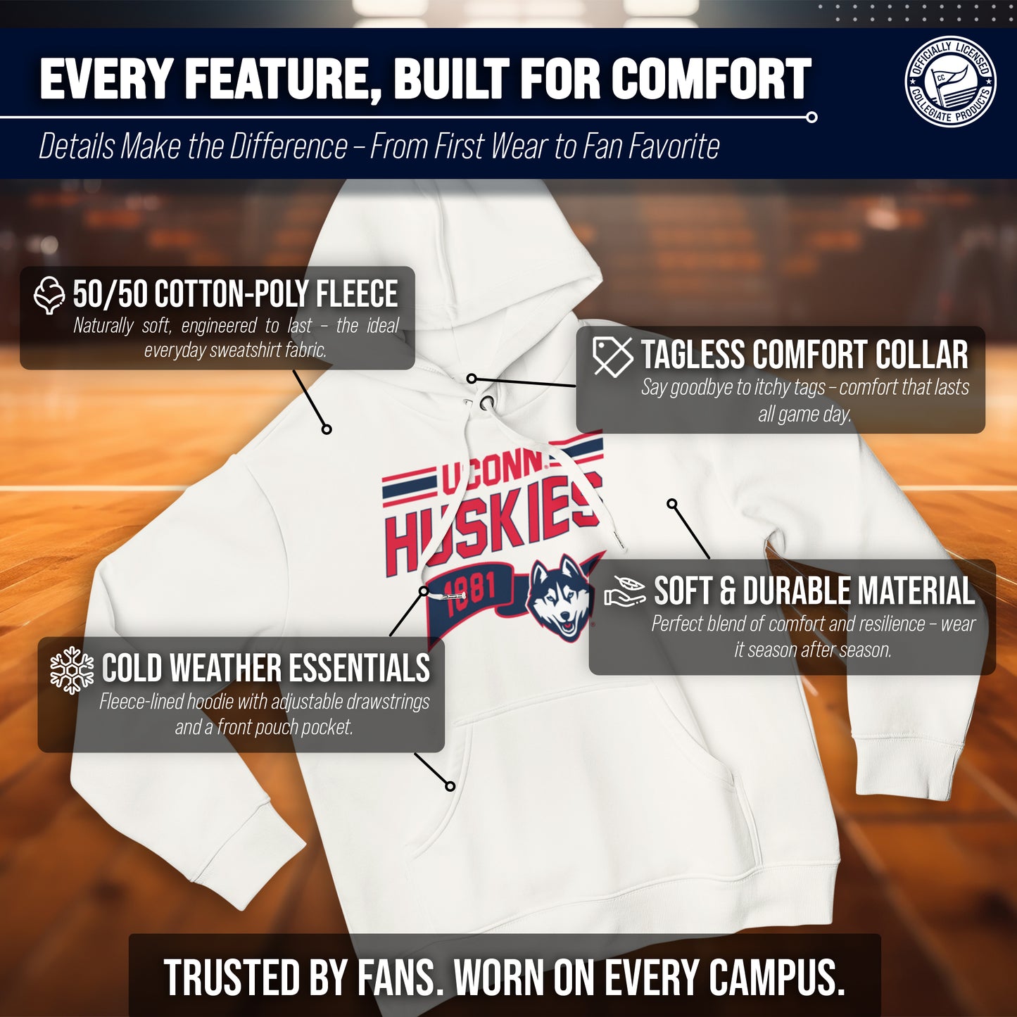 UCONN Huskies NCAA Adult Unisex Varsity Club Pennant Hooded Fleece Sweatshirt - Off White